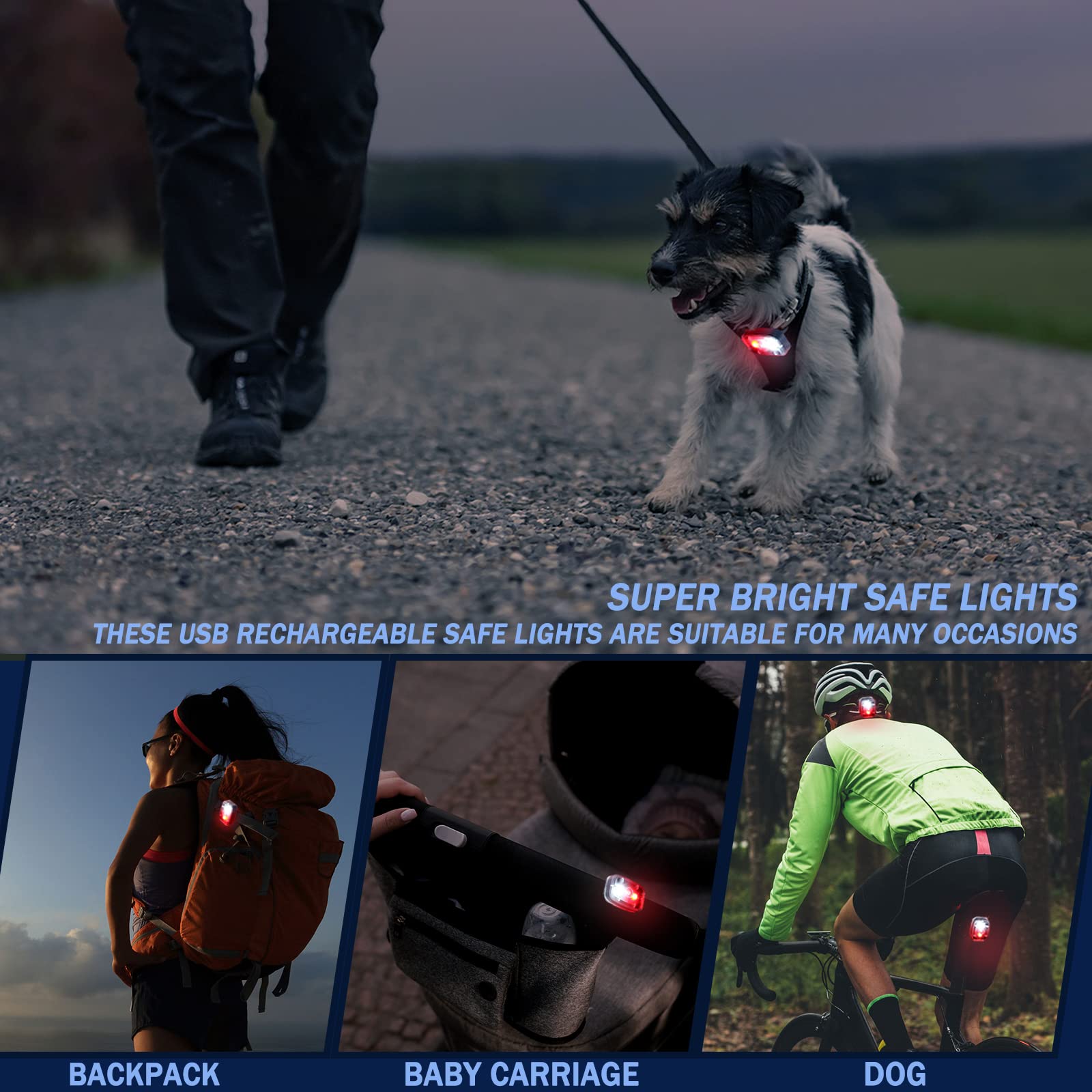 Feux de sécurité LED pour coureurs - Rechargeable par USB - Feu arrière stroboscopique à clipser - 5 modes - Feux de marche clignotants pour le cyclisme de nuit, la randonnée, les animaux domestiques