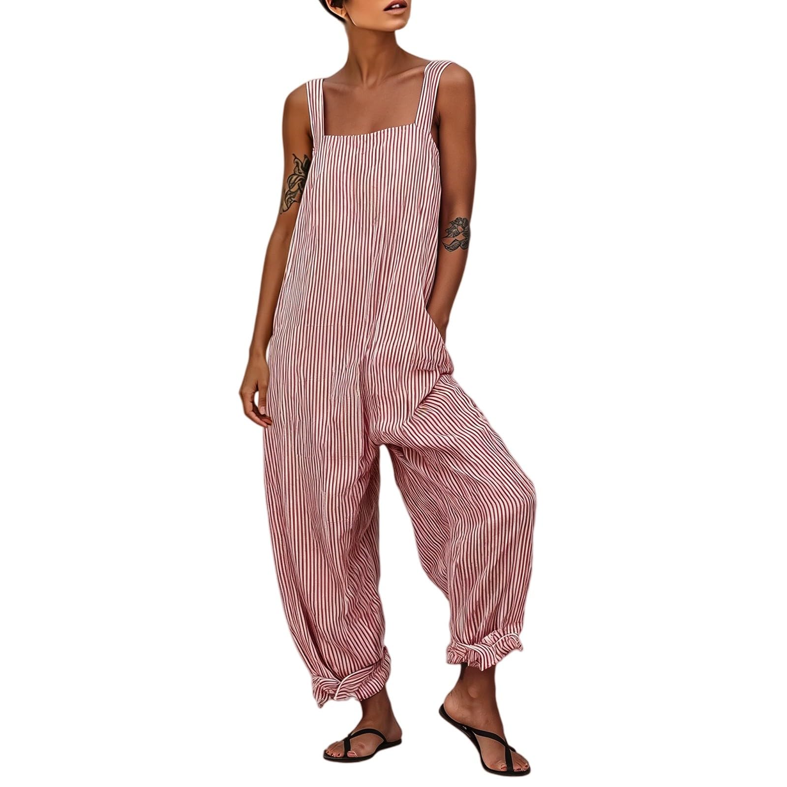 Generisch Salopette da donna lunga a gamba larga, tuta a righe, senza maniche, tuta da spiaggia, oversize, baggy playsuit, leggera e traspirante, pantaloni per il tempo libero, comodi pantaloni estivi