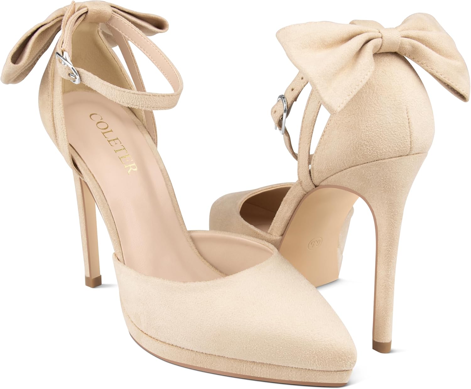 COLETER Women's Bowknot High Heels Platform D'Orsay Pumps Pointed Toe Stiletto Heels Ankle Strap Wedding Shoes