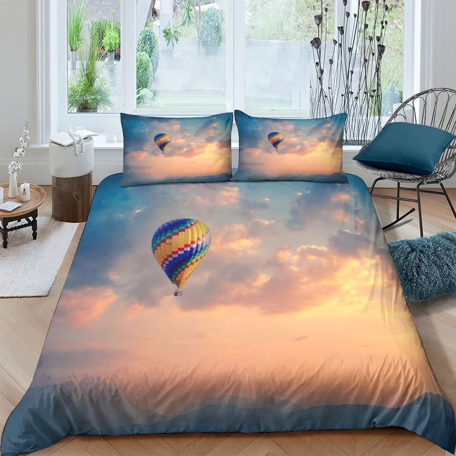 Ctjqhvkz Style-6 3D Printed Hot Air Balloon Fitted Sheet Microfiber Soft Sky Sunset Bed Cover Anti-Slip Easy Care For Bedroom Dorm Room Decor Single（135X200cm）