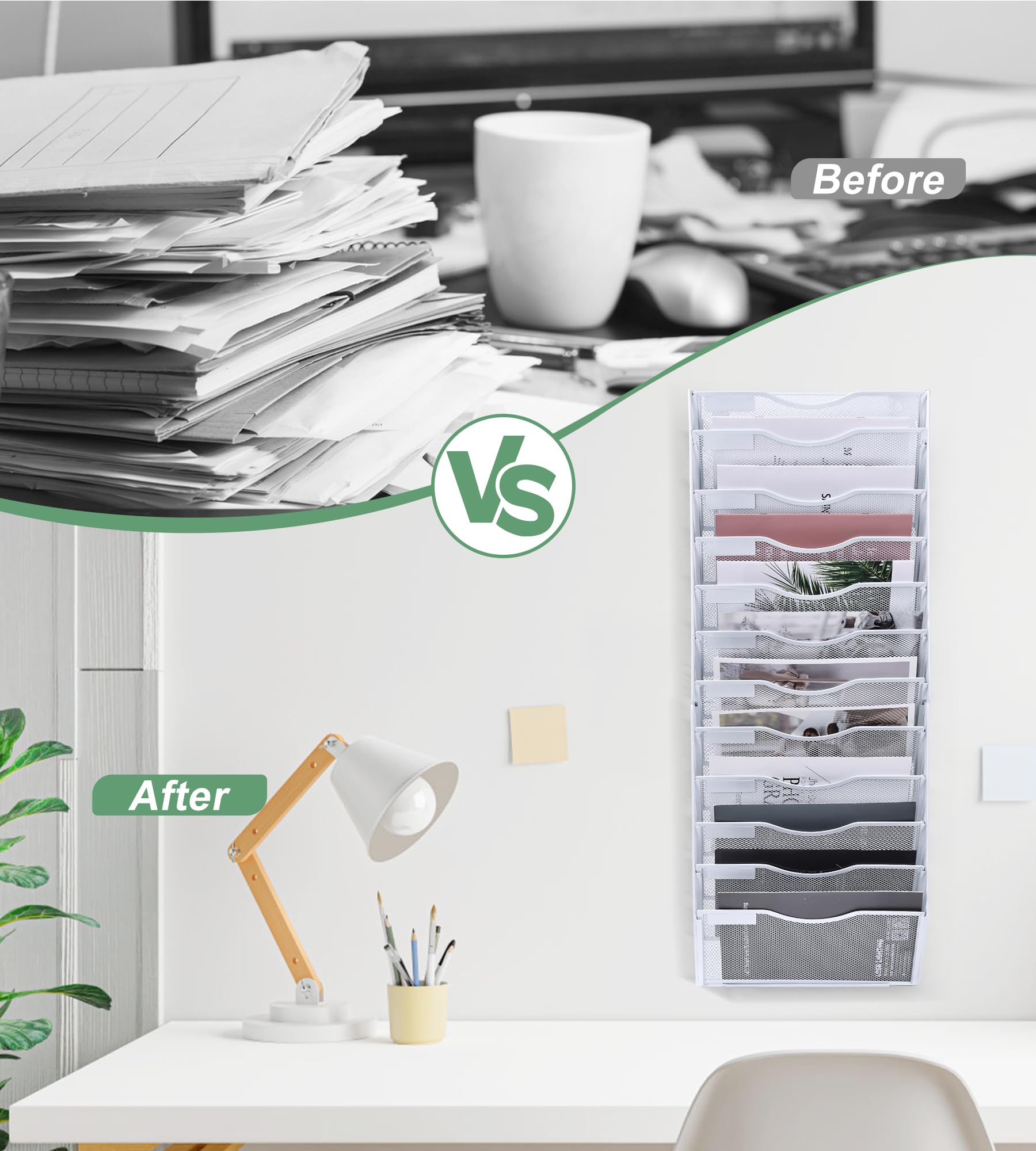 TQVAI 12 Ripiani Organizer Documenti Parete, Metallo Portariviste Parete Scaffale per Documenti A4 Organizzatore Scrivania Ufficio Casa, Bianco