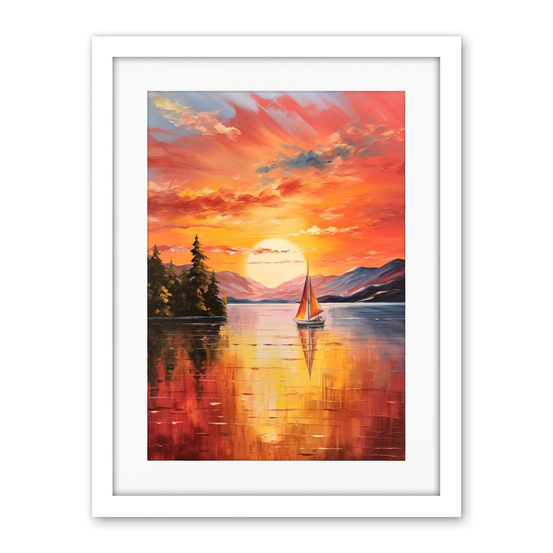 Artery8 Serene Lake Sunset Sailing Vibrant Oil Painting Sail Boat Lakeside Mountain Landscape Artwork Framed Wall Art Print 18X24 Inch