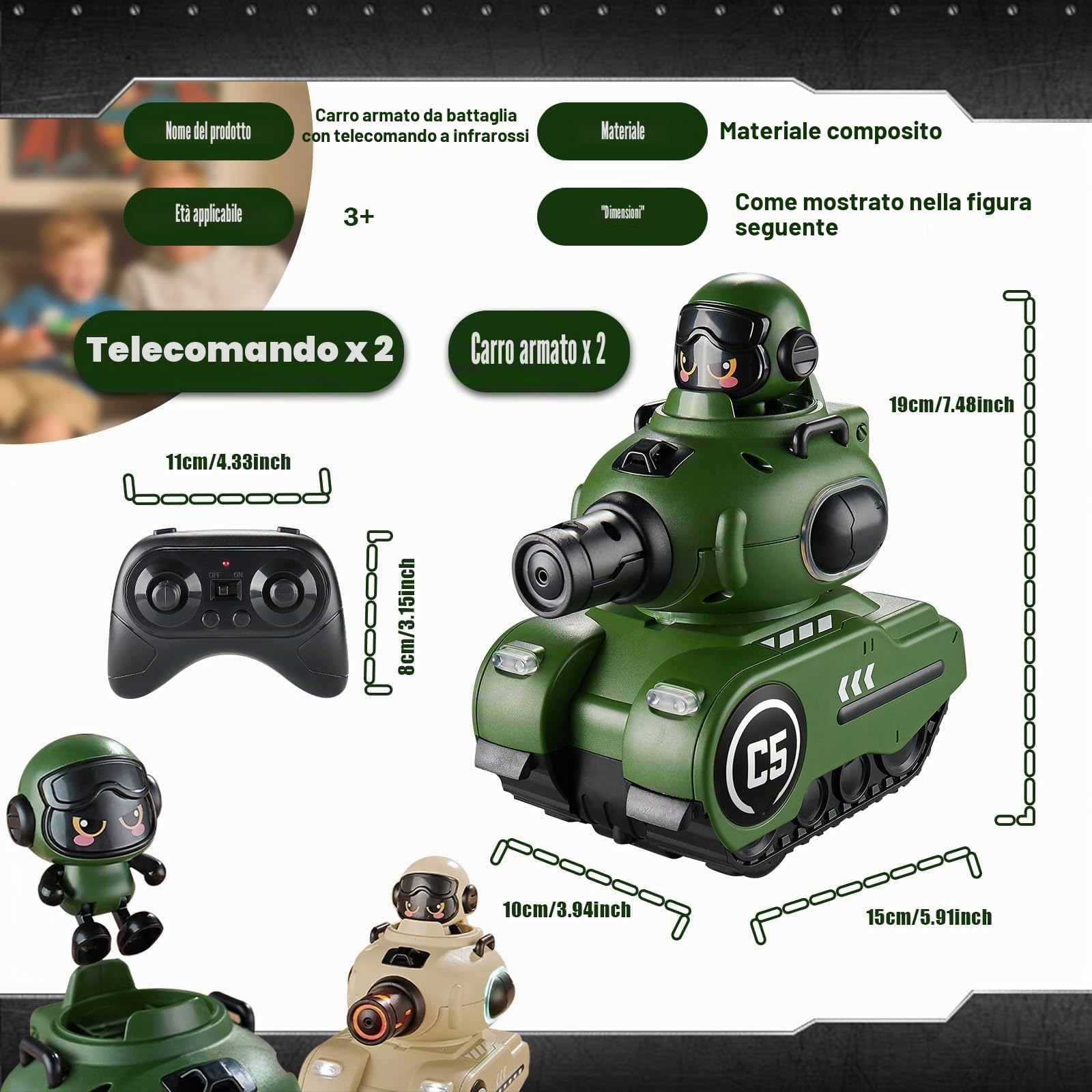 2 Pezzi Telecomandati Combattimento Auto,2,4 GHZ RC Battaglia Veicolo-Cisterna,360° Rotazione Telecomando Deriva Giocattolo con LED Luce e Musica (Versione base)
