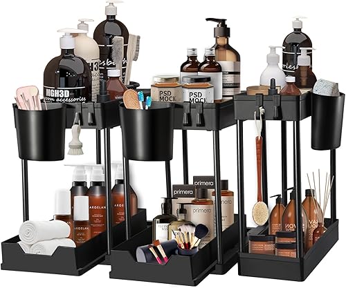 Breeze Touch Paquete de 3 organizadores y almacenamiento para debajo del fregadero, organizador de gabinete extraíble, organizador multiusos de 2