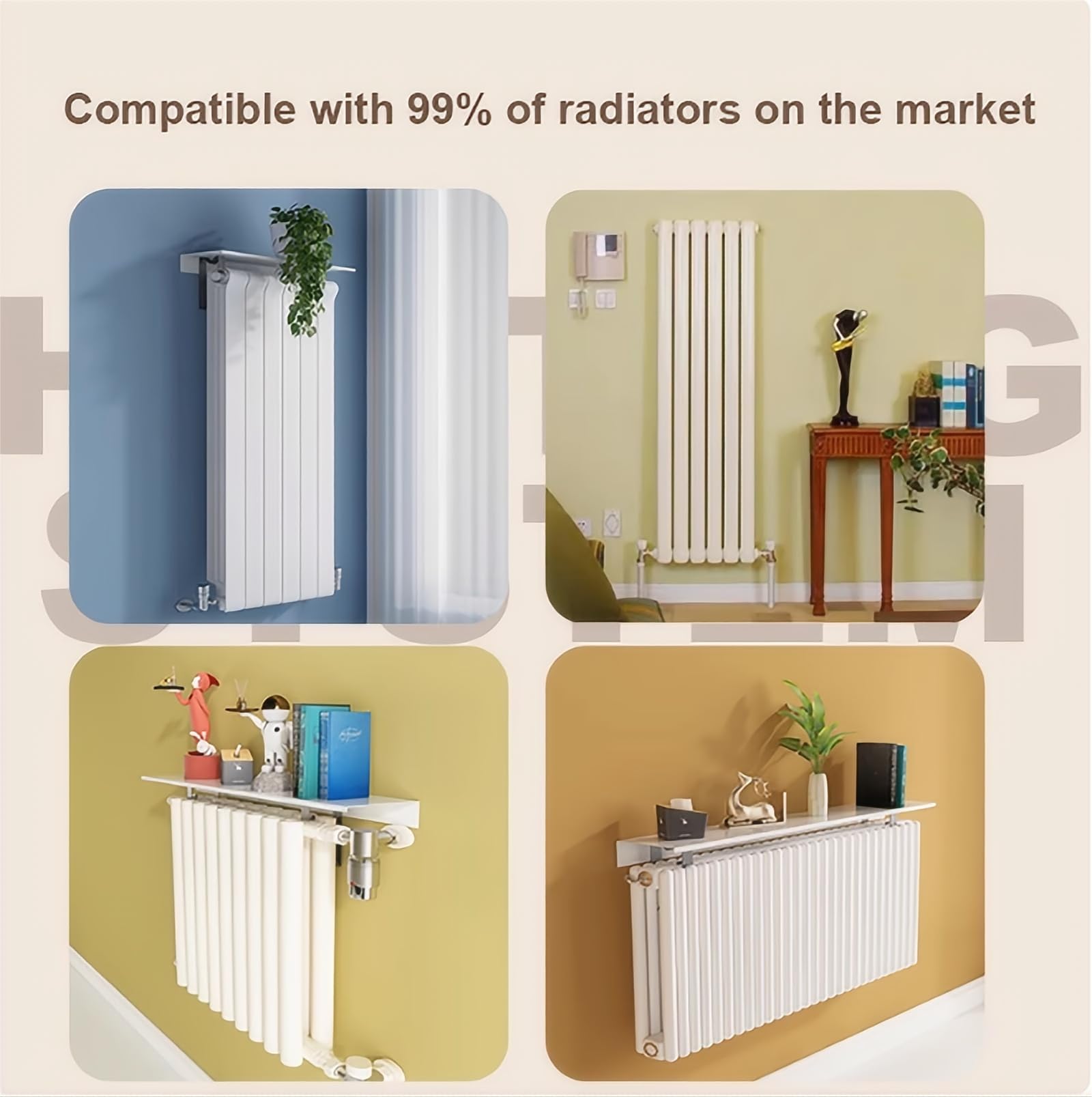 Étagère de radiateur sans perçage, réglable de 40 à 200 cm, 15 cm de large, étagère murale moderne pour salon, chambre à coucher et couloir, support facile à installer, blanc, idéale pour un affichage