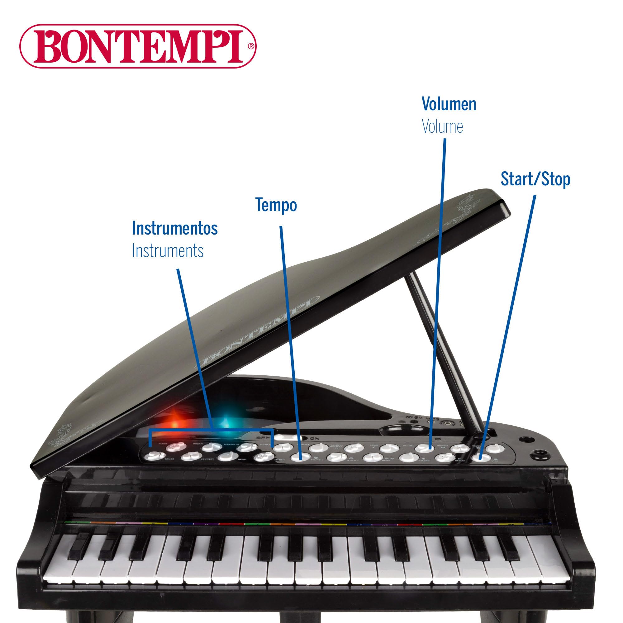 ColorBaby Bontempi Piano à Queue 32 Touches – Micro, Tabouret, Lumières – Enregistrement – Dès 3 Ans – 40x46x62 Cm
