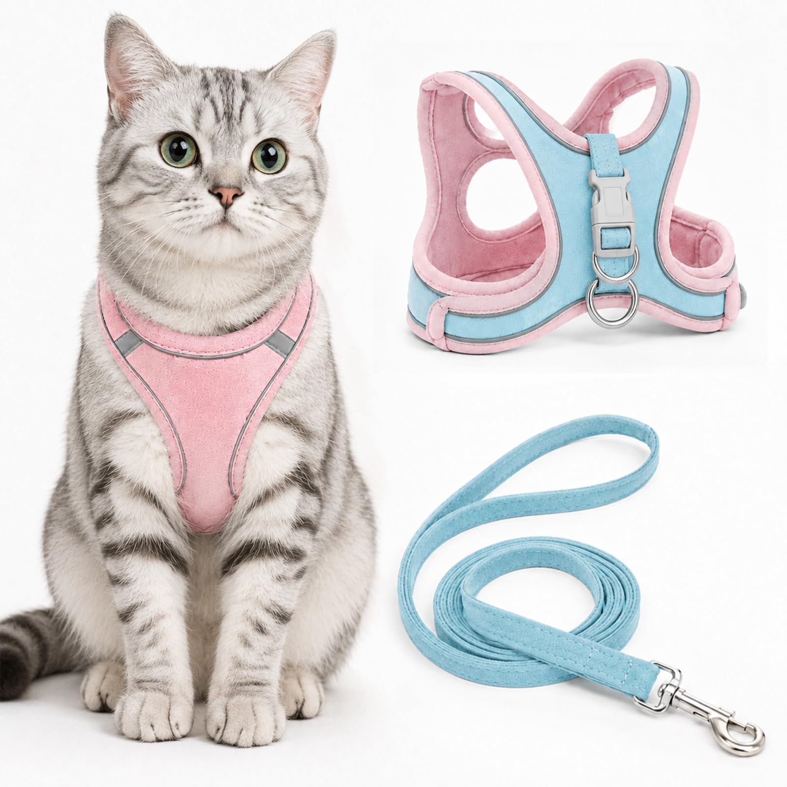 Cat Harness and Leash Set, Escape Proof Step-In Cat Harness with Reflective Strips, Soft Suede Breathable Vest for Small Medium Cats Dogs (Pink Blue, S)