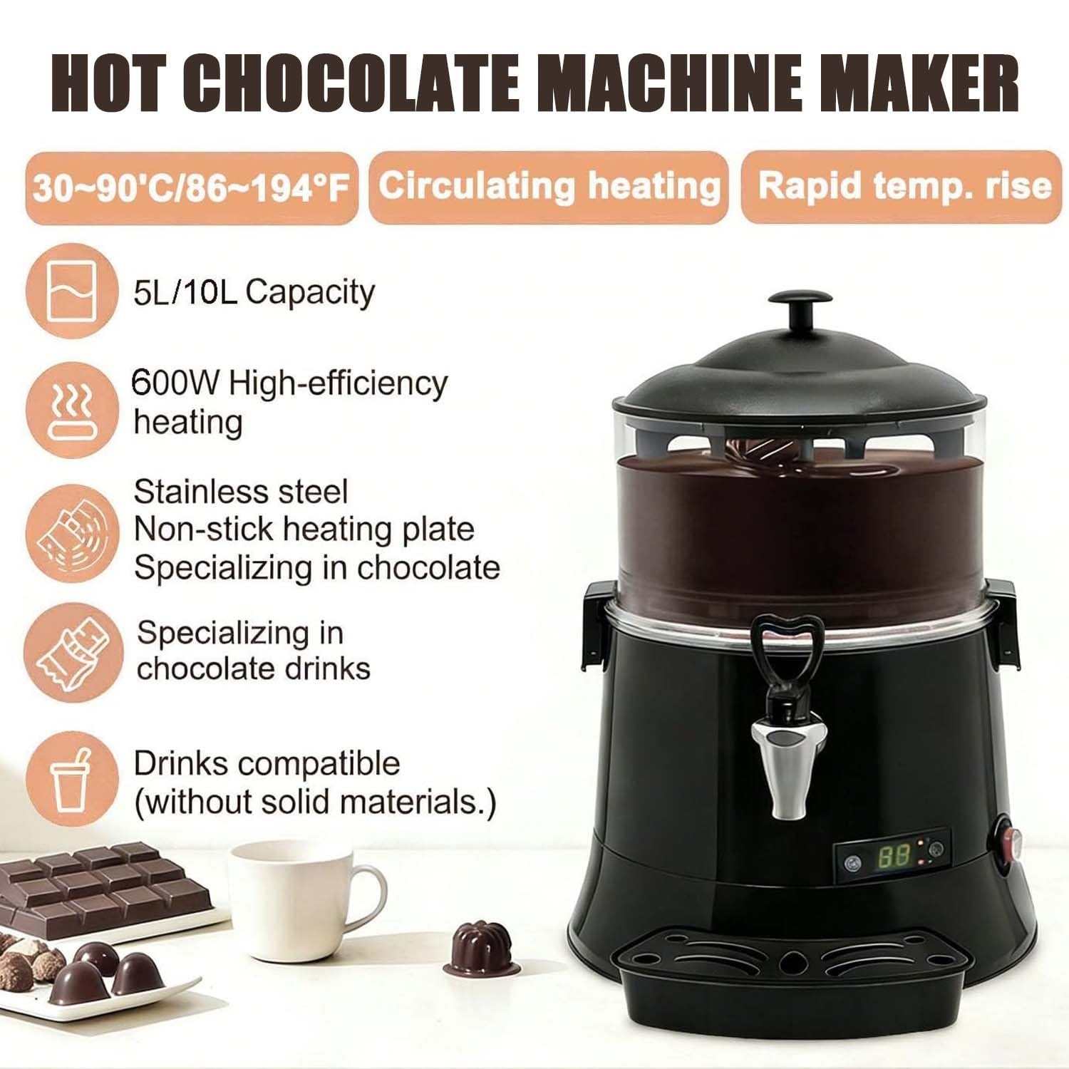 Dispensador comercial de chocolate caliente, máquina eléctrica de bebidas para cafeterías y configuraciones móviles, ideal para servir chocolate caliente y té con leche
