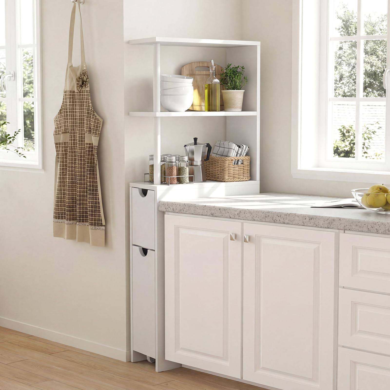 LIFEZEAL Meuble de Salle de Bain Étroit, Armoire de Rangement Haute avec Étagères Ouvertes et Tiroir sur roulettes, Meuble Colonne Autoportant pour Salon et Cuisine, Blanc, 45 × 20 × 114 CM