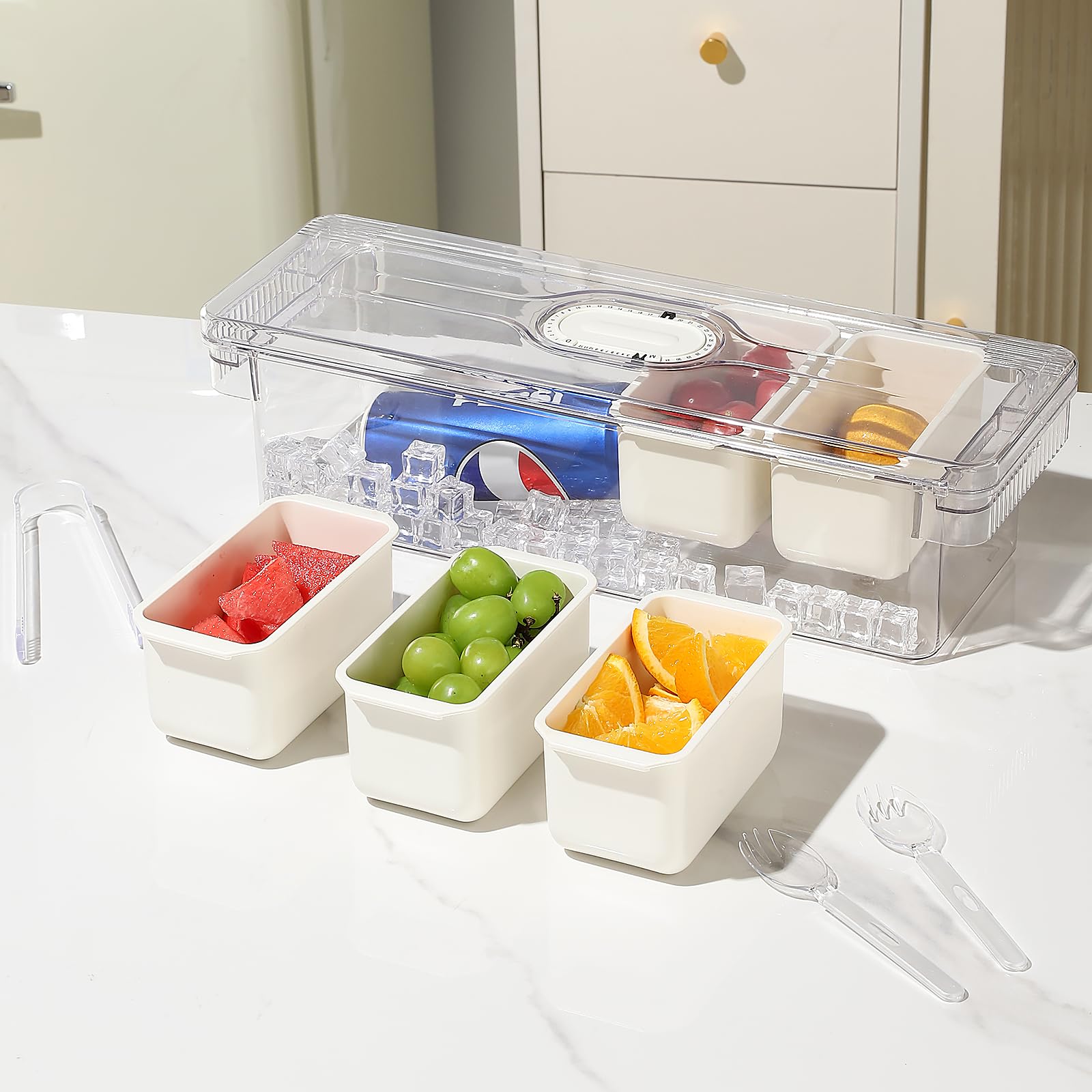 Fangoo Condimentos Refrigerados Organizador con Tapa con 5 Compartimentos 5 tenedores y 2 clips extraíbles en Hielo Bandeja Condimentos Refrigerada Viene para bar de ensalada Buffetes de pizza