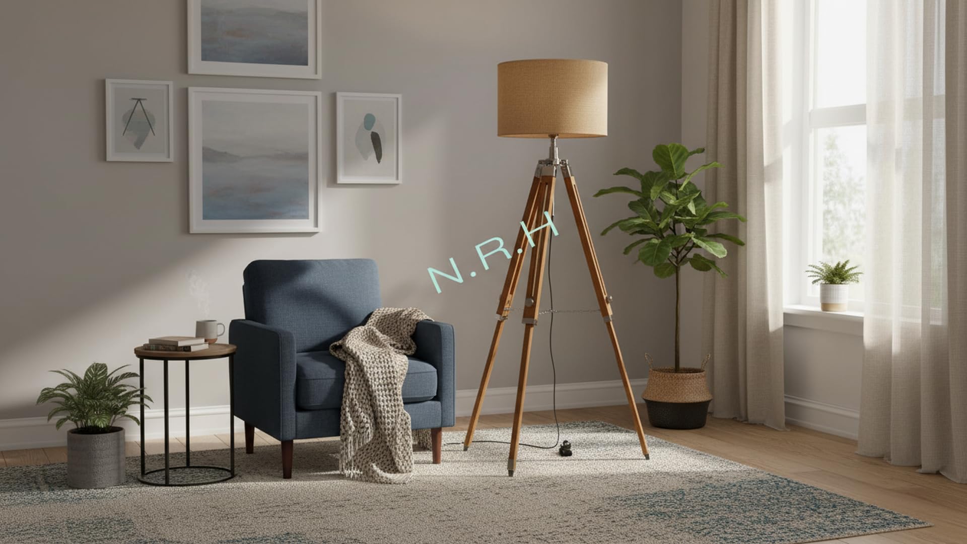 Lámpara de pie de madera con acabado natural, altura ajustable, trípode para decoración del hogar (sin sombra)