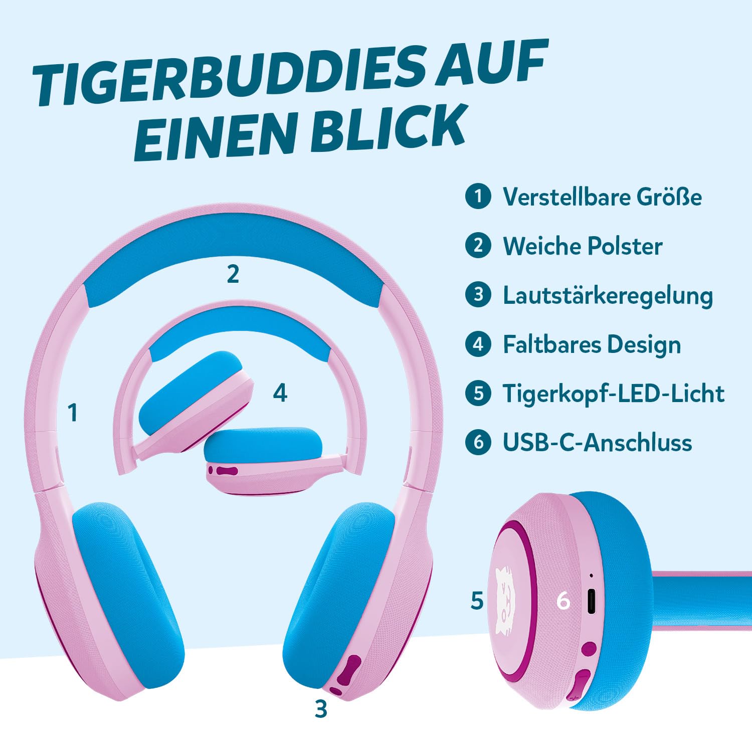 Cuffie Bluetooth Per Bambini Tigerbuddies - Volume Limitato A 85 DB, Regolabili, Leggere (180g), Fino A 8 Ore Di Autonomia