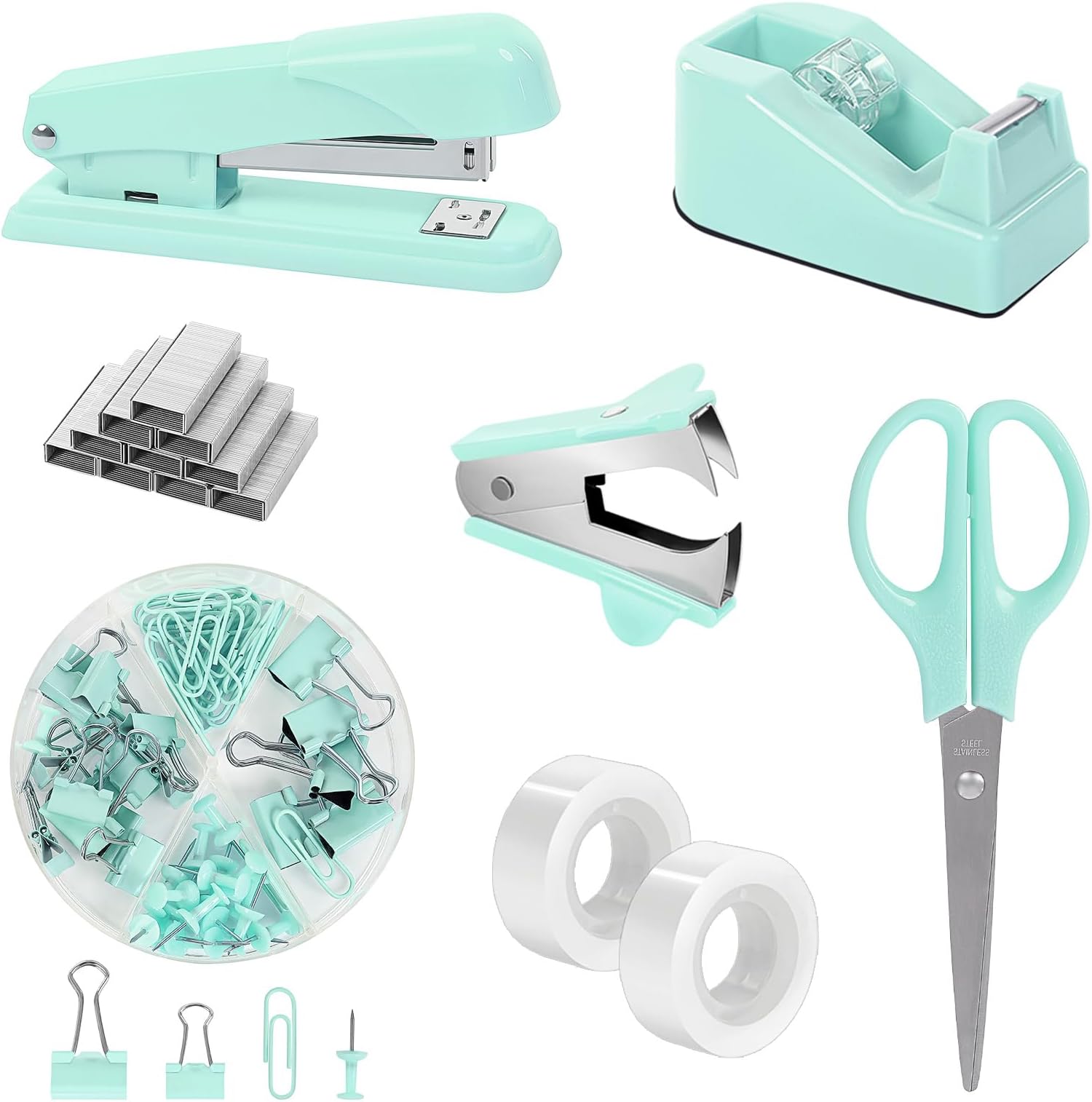 SKYDUE Teal Office Supplies Set - Desk Accessories, Stapler, Tape Dispenser, Scissors, Clips and 1000pcs Staples for Teachers