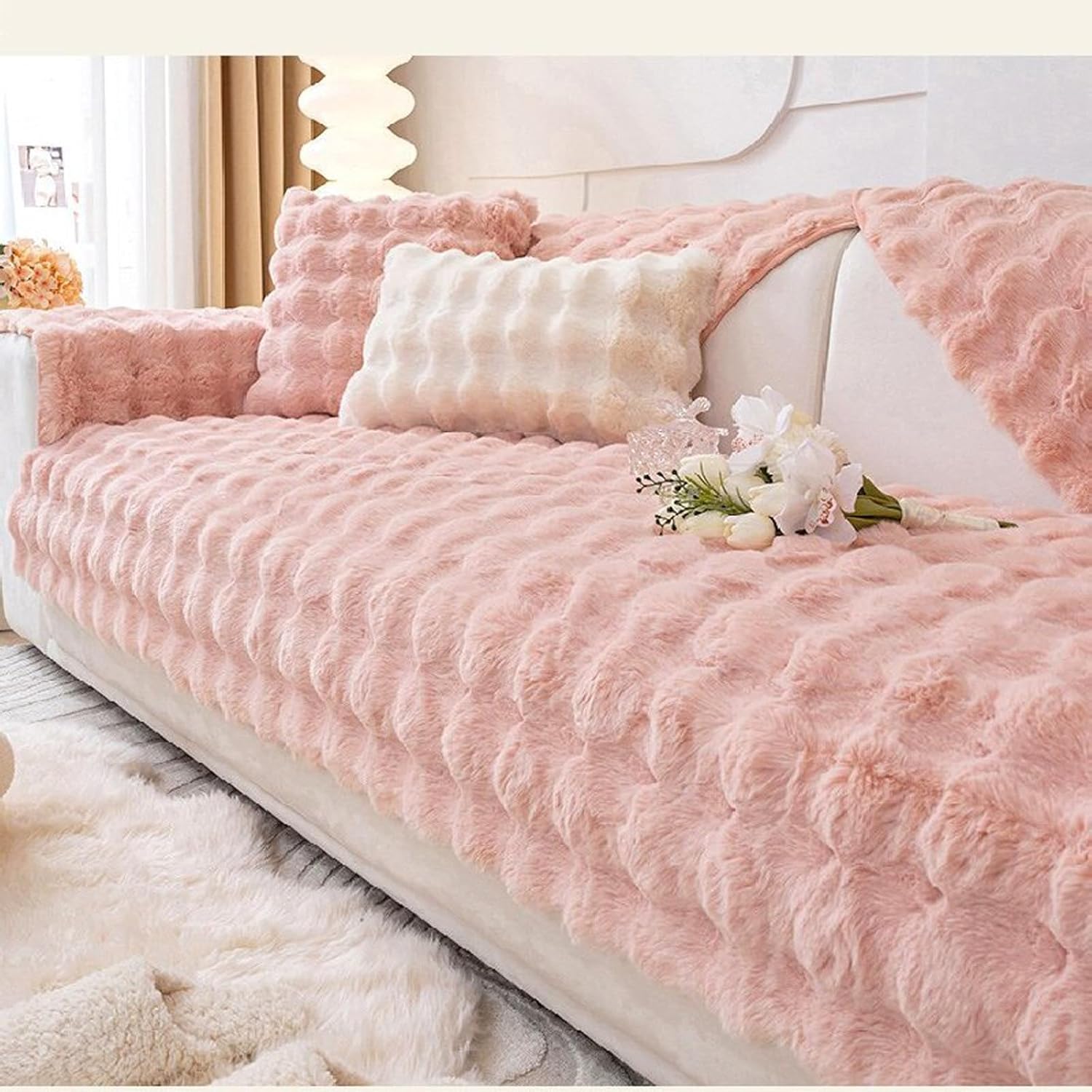 Funny Cosy Plush Non-Slip Couch Cover, Fluffy Thick Rabbit Plush Sofa Cushion, Garden Chic Cotton Protective Couch Cover (Pink, 27.6 * 27.6 in)