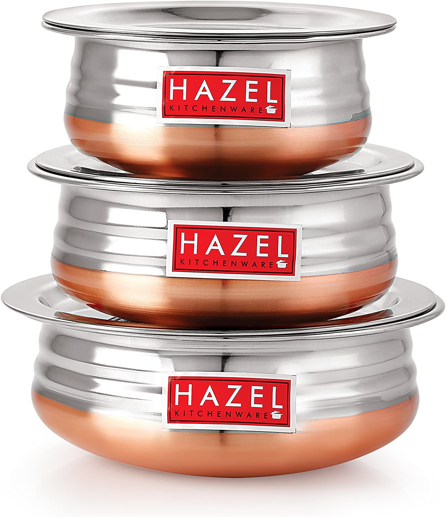 HAZEL Copper Bottom Uruli with Lid | Urli Vessel Cooking Stainless Steel (600 ML, 900 ML, 1200 ML)