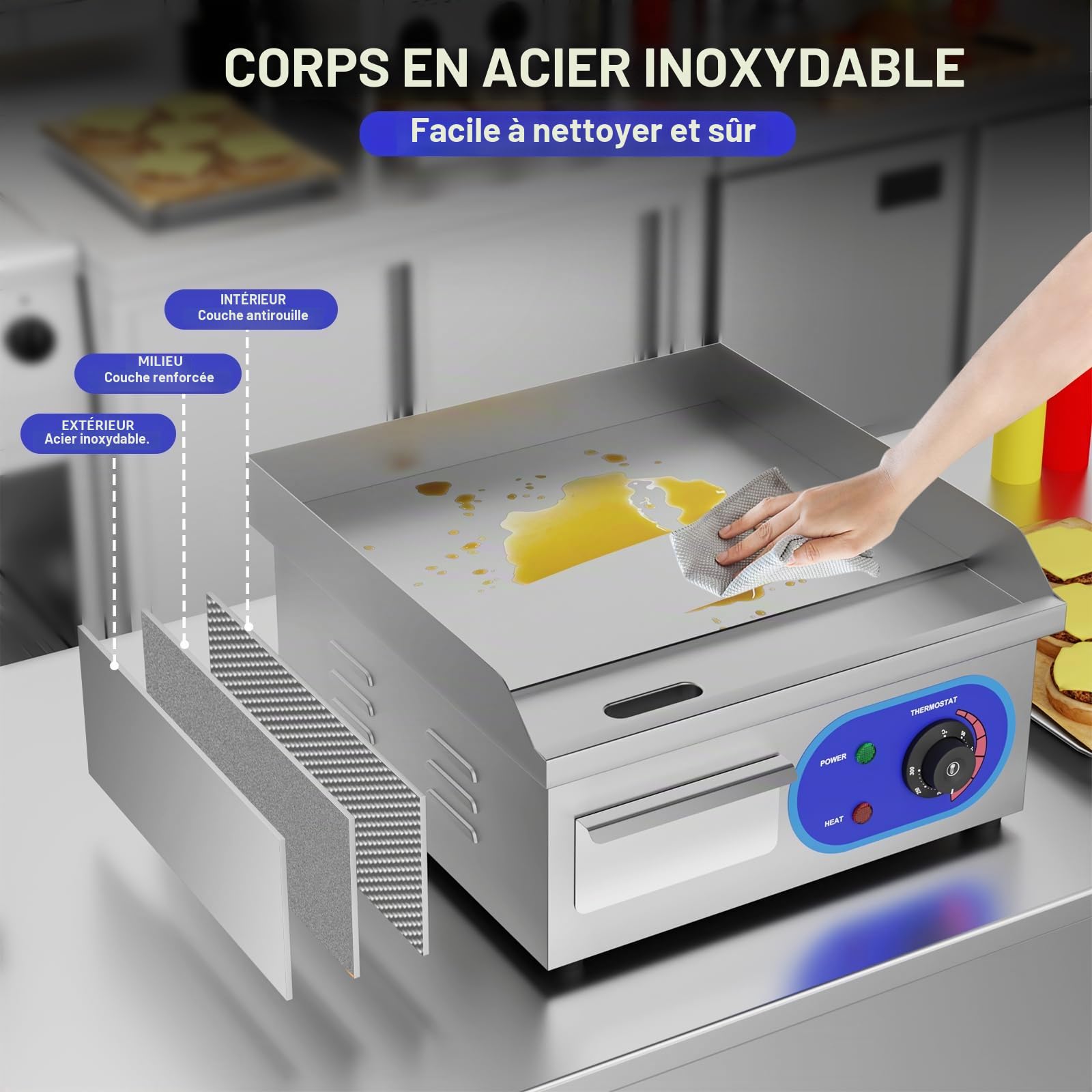TAIMIKO 14" Plancha Électrique Inox Grill de Table Professionnelle 220-240V 1700W Plaque de gril en fer Surface plaque Lisse Anti-éclaboussures (35.5 x 30 cm)