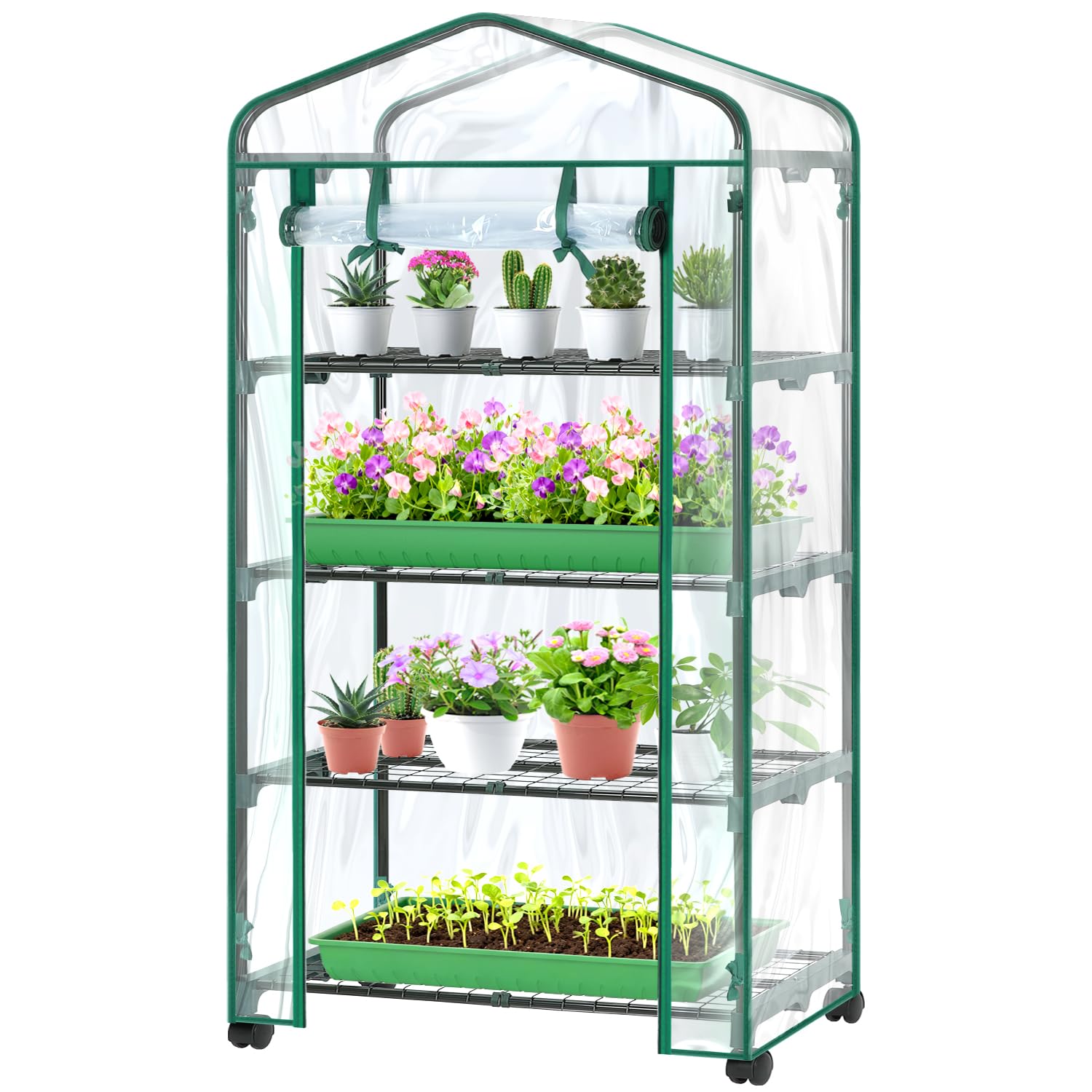 Ohuhu Gewächshaus klein Premium Foliengewächshaus mit Verriegelungsräder, Folien Treibhaus mit 4 Regalen Anzuchthaus Treibhaus Platzsparend Frühbeet für Balkon Garten 69x48x162 cm Transparent
