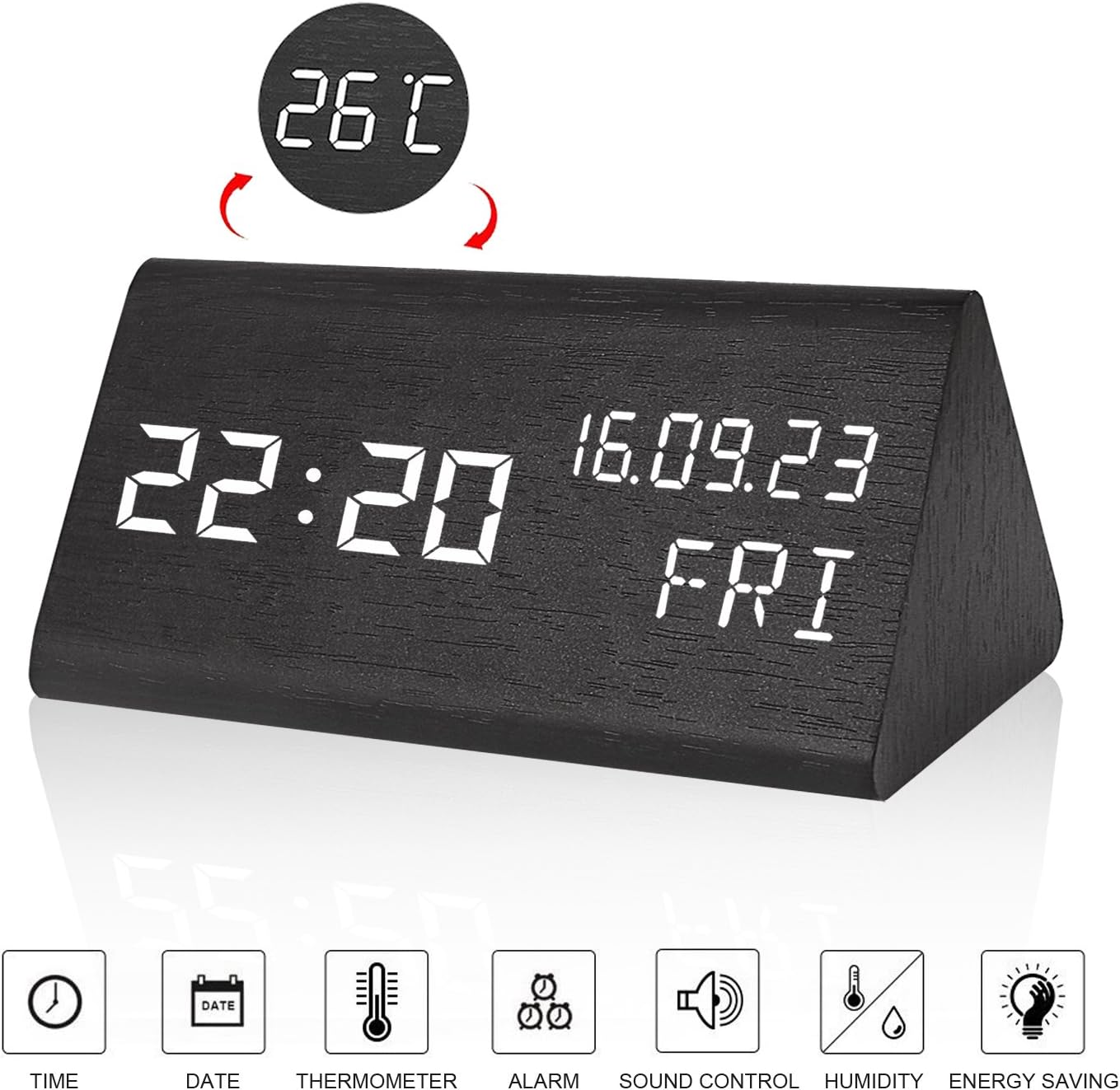 LED Digital Wood Alarm Clock - Voice Control Electronic Clock - Displays Time Date Week Calendar and Temperature - 3 Levels Brightness - Batteries or USB Charger - Triangle Travel Alarm Clock - Black