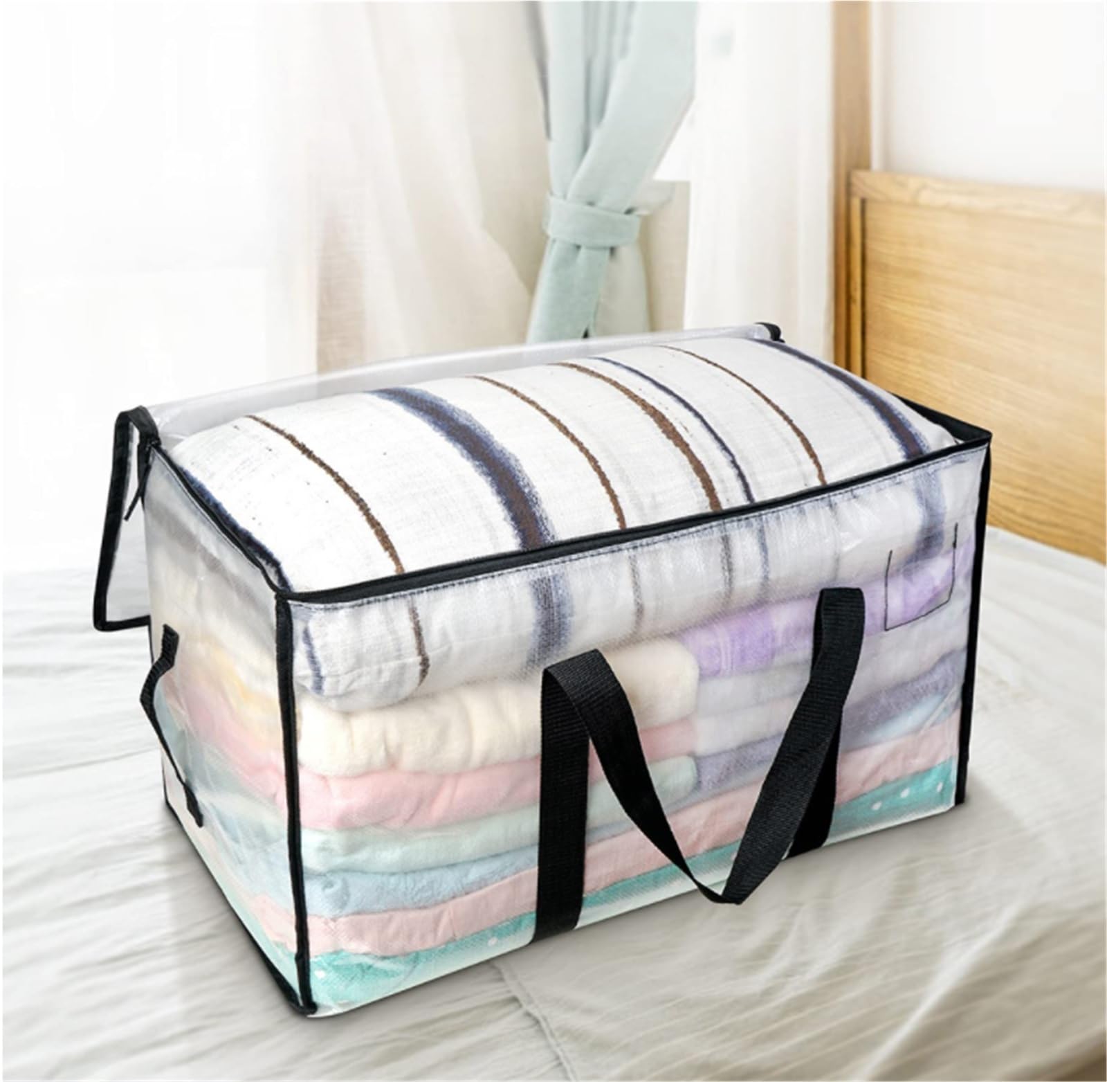 Bolsas Almacenaje Ropa Bolsa De Almacenamiento Transparente con Cremallera Y Asa, Bolsa De Mano For Ropa, Mantas, Almacenamiento De Edredones Organizador Armario para Edredones(69 * 27 * 45cm)