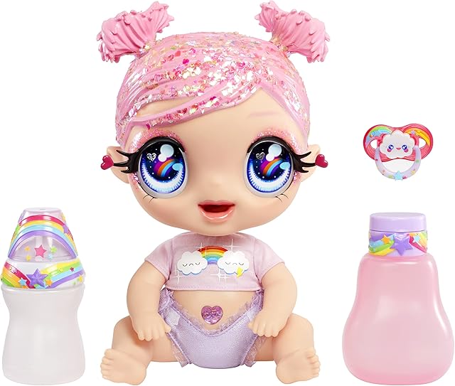 MGA'S Glitter Babyz - DREAMIA STARDUST - Baby Doll with 3 Magical Colour Changes with Ice-Cold Water, Glitter Pink Hair, Rainbow Outfit, Diaper, Bottle & Pacifier Accessories - For Kids Ages 3+