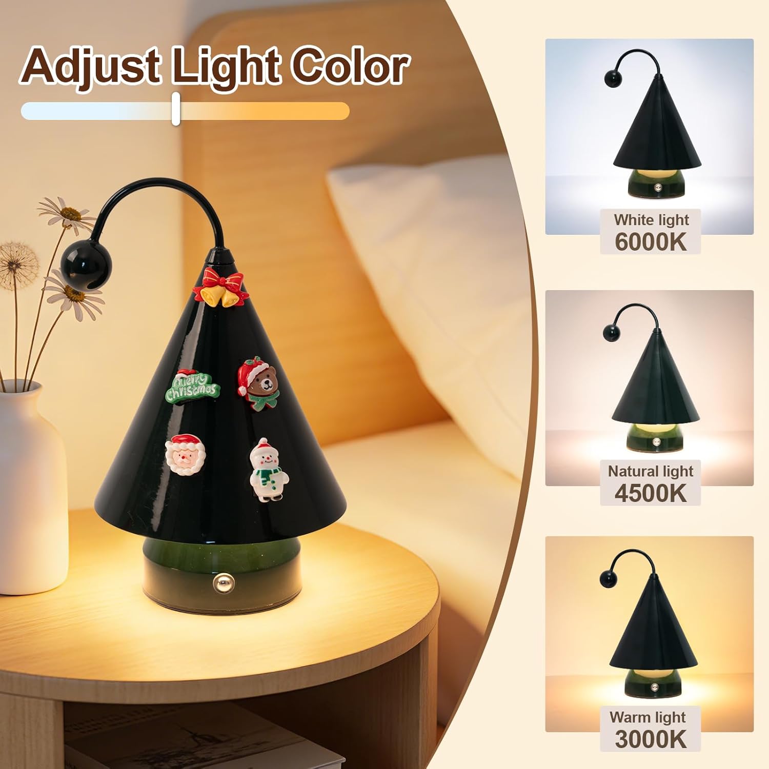 Led Lights Cozy Home Decor Cute Christmas Tree Desk Lamp Ambient Lighting,Touch Control, Cordless Rechargeable Battery Operated,for Living Room,Bedroom,Nightstand (Black)