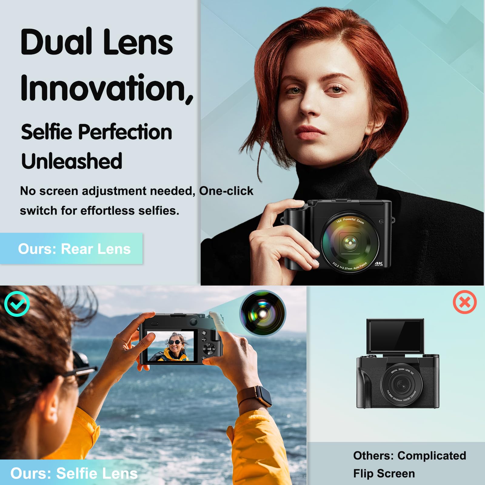 Caméra Selfie Autofocus Appareil Photo Numérique 4K 64MP - Autofocus - Double Objectif - Flash Anti-tremblement - Carte 32G Inclus Double Objectif Selfie