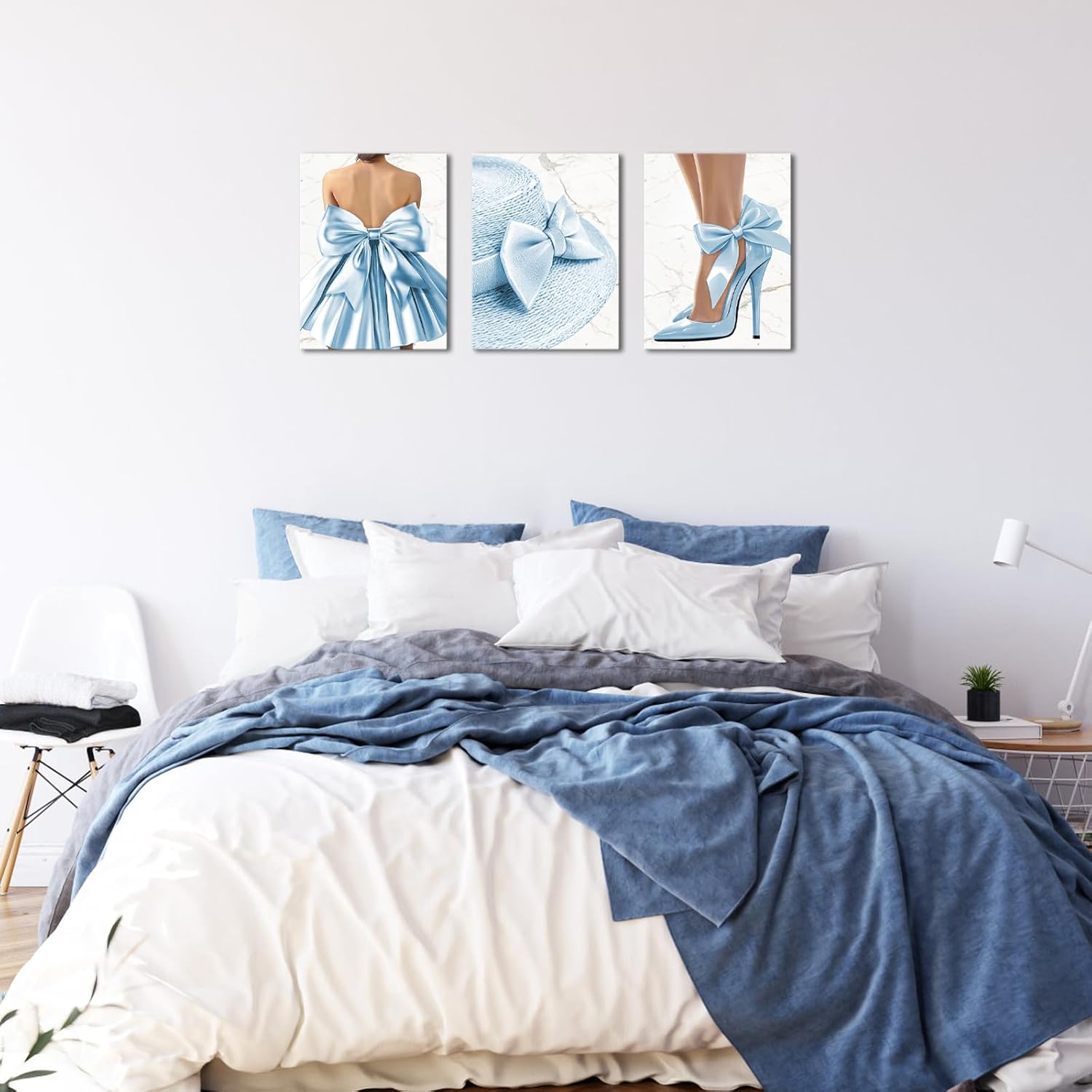 Visual Art Decor Bow Wall Art Bow Painting Picture Girls Bedroom Wall Decor Framed Ready to Hang 12x16inchx3Pieces (Blue)