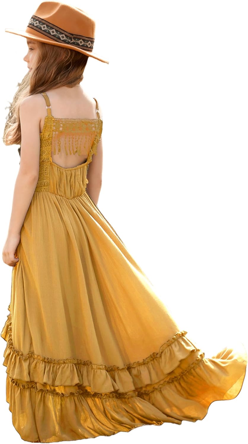 BIBIHOU Girls Kids Lace Backless Boho Holiday Wedding Maxi Flower Girl Dress