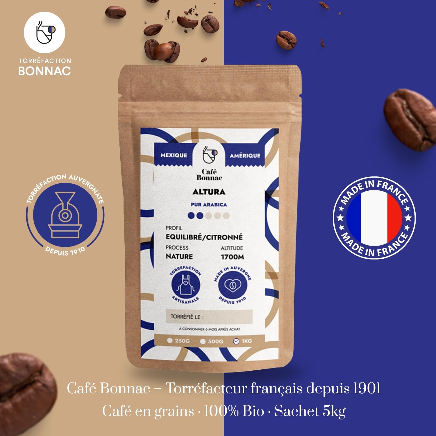 Lot de 5 × 1 kg | Café En Grain Presto Gusto Italiano | Arabica/Robusta | Goût Italien Intense | Notes De Cacao Et Noisette | Torréfaction Artisanale Française