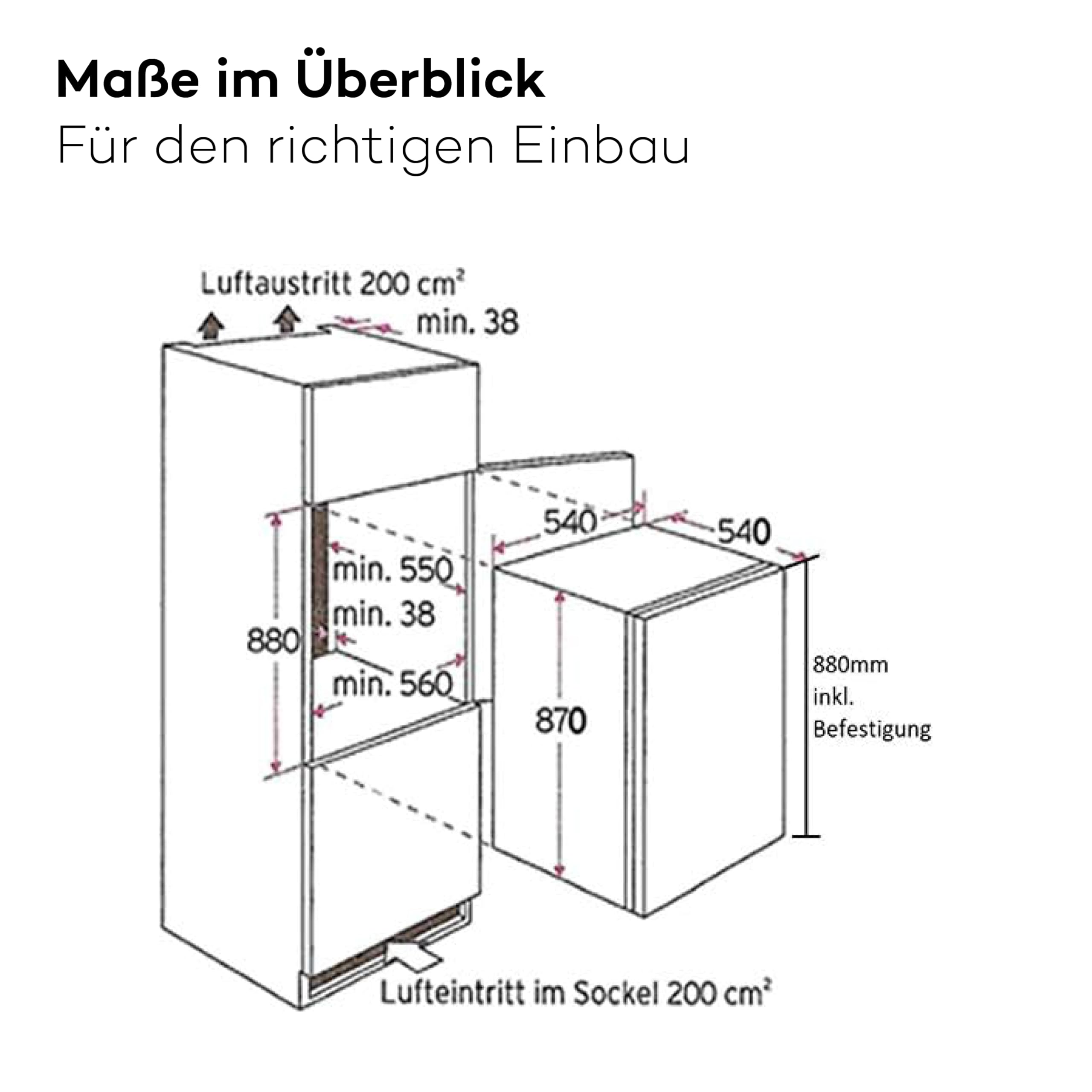 SCHOEPF – KSE510A++ Einbau-Kühlschrank 129 L – Leise 39 dB – Automatisches Abtauen – 88 x 54 x 54 cm – Wechselbarer Türanschlag – Vollraum-Kühlschrank mit Glasablagen und Gemüseschublade