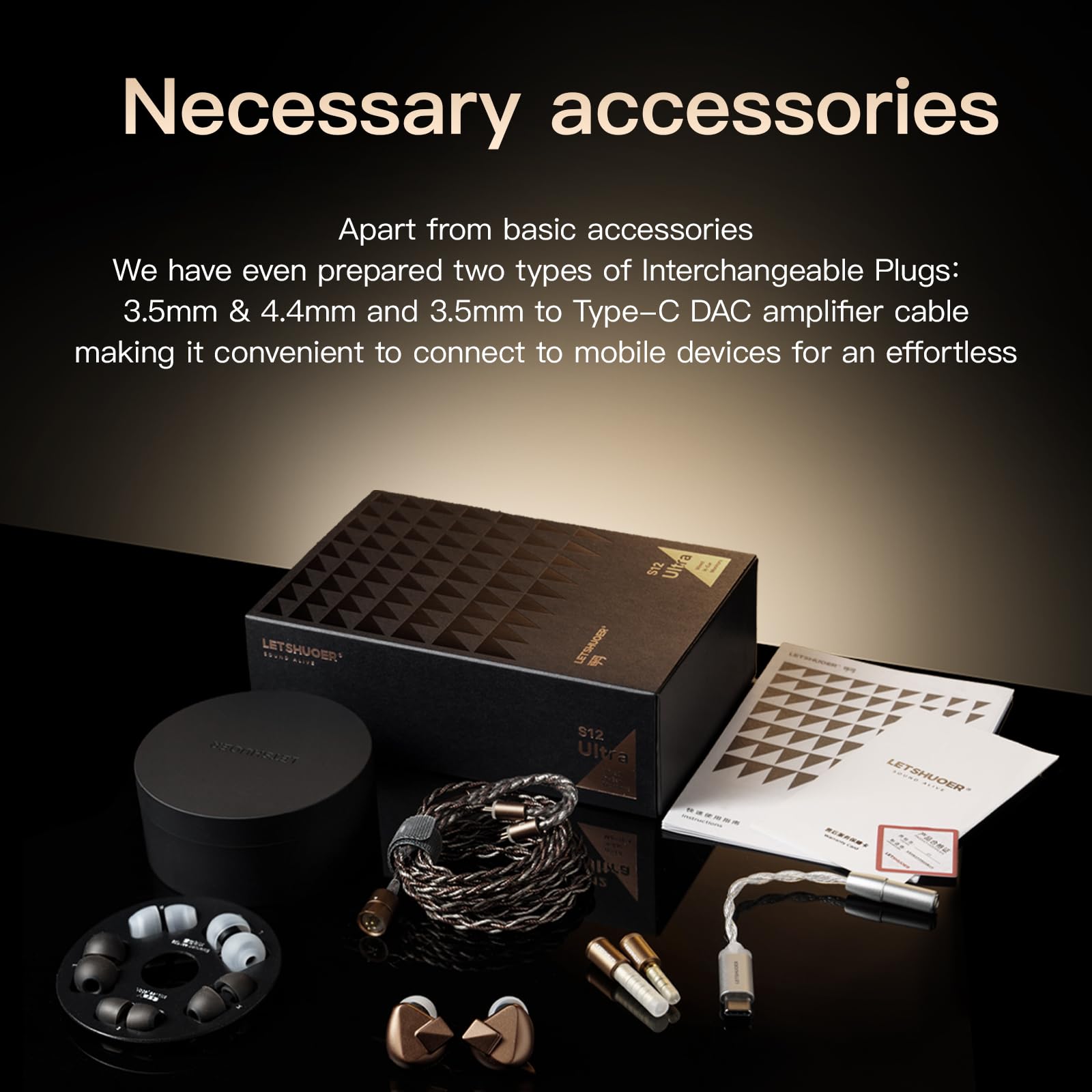 Letshuoer S12 Ultra - Auricolari in-ear HiFi con driver planar da 14,8 mm, con cavo staccabile da 392 core placcato in argento, per musicisti e audiofili (Mocha, connettore da 3,5 mm/4,4 mm)