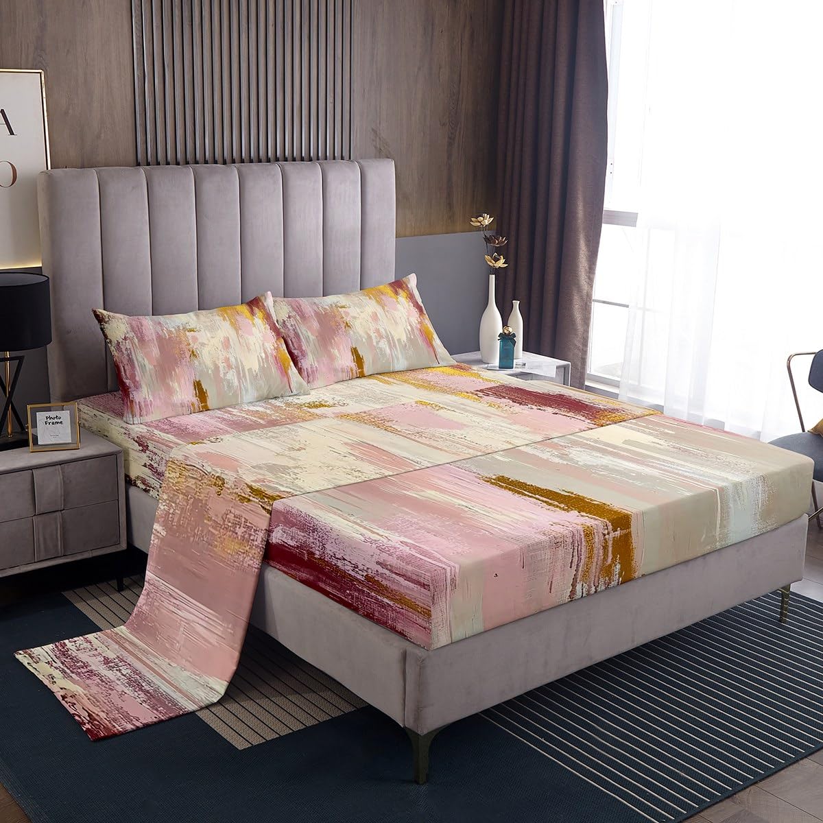 jejeloiu Abstract Art Bed Sheets Set for Kids Boys Girls Twin Size Pink Gold Gradient Fitted Sheet Lightweight Retro Art Bedding Collection Modern Bedding Set