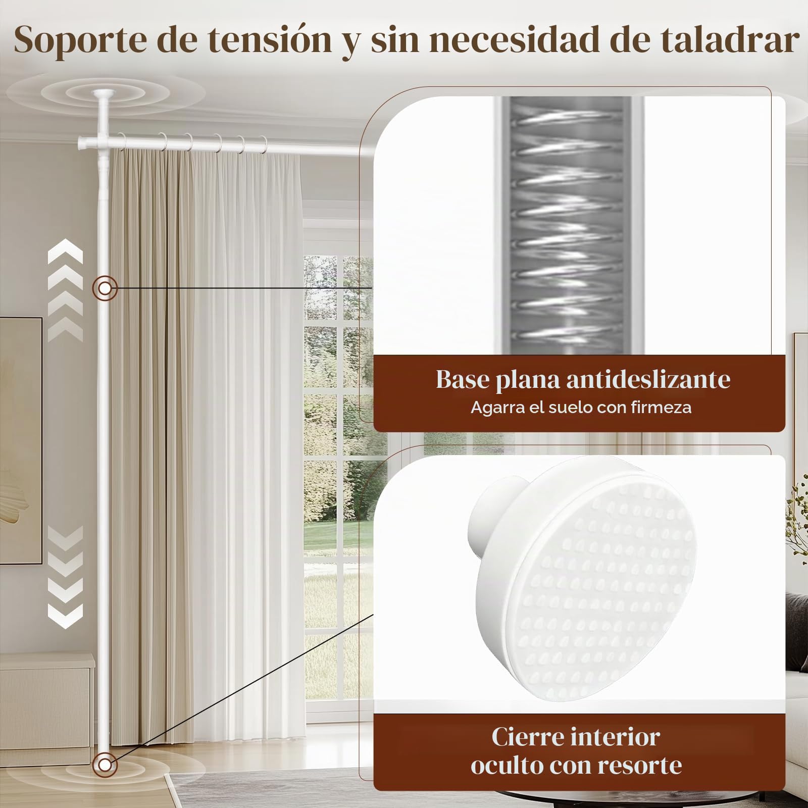 Barra para Cortina Separadora De Ambientes,122-305 Cm (Al) X 71-290 Cm (An),Fácil De Instalar,Ajuste Flexible,Separación De Ambientes Sin Perforación para Salón,Dormitorio, Alquiler
