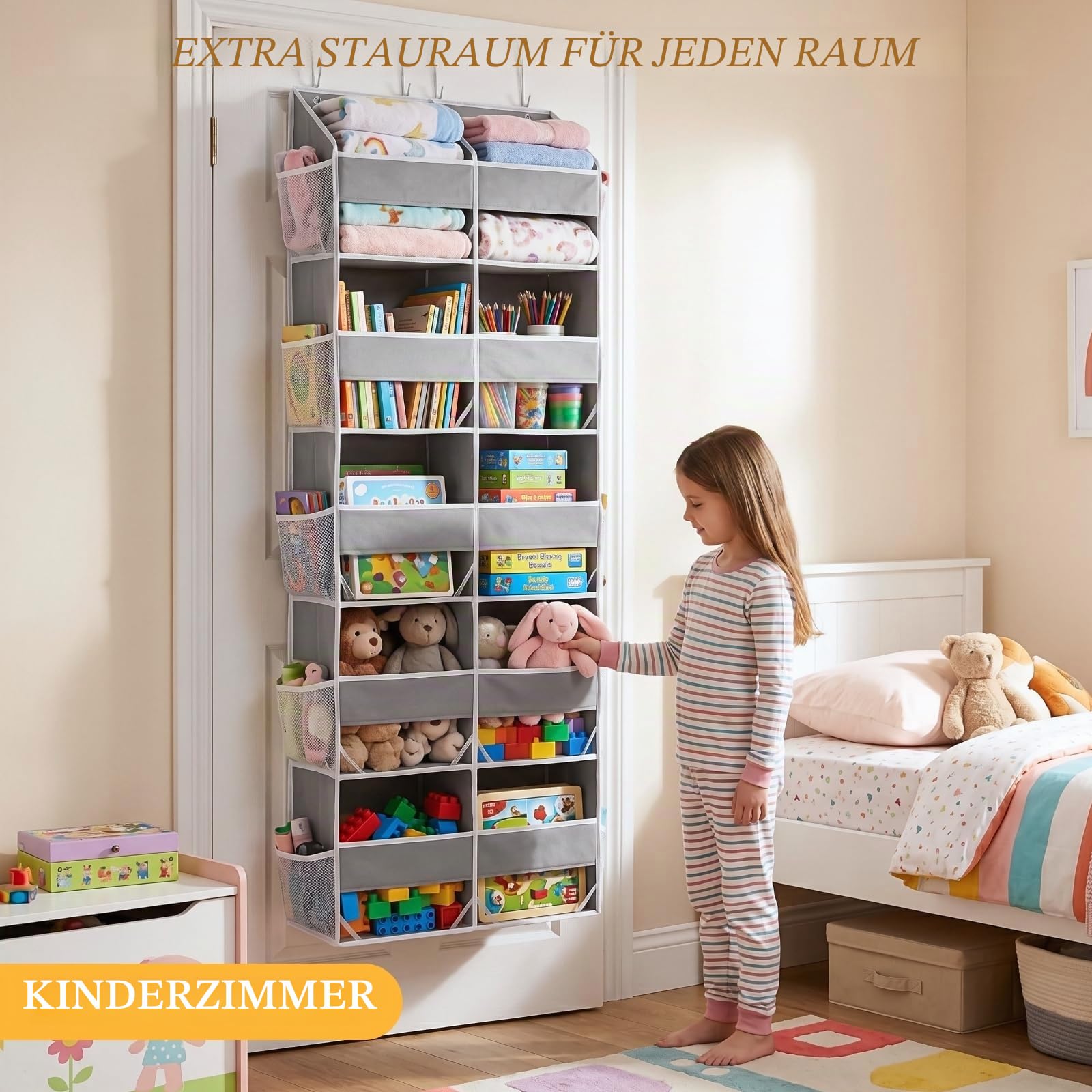 Tür-Organizer, 5-stöckig, extra groß, hinter der Tür, mit 10 großen Front- und 10 Netztaschen, 36,3 kg Kapazität, Hängeaufbewahrung mit transparentem Fenster, Kinderspielzeug, Schuhe, Windeln,