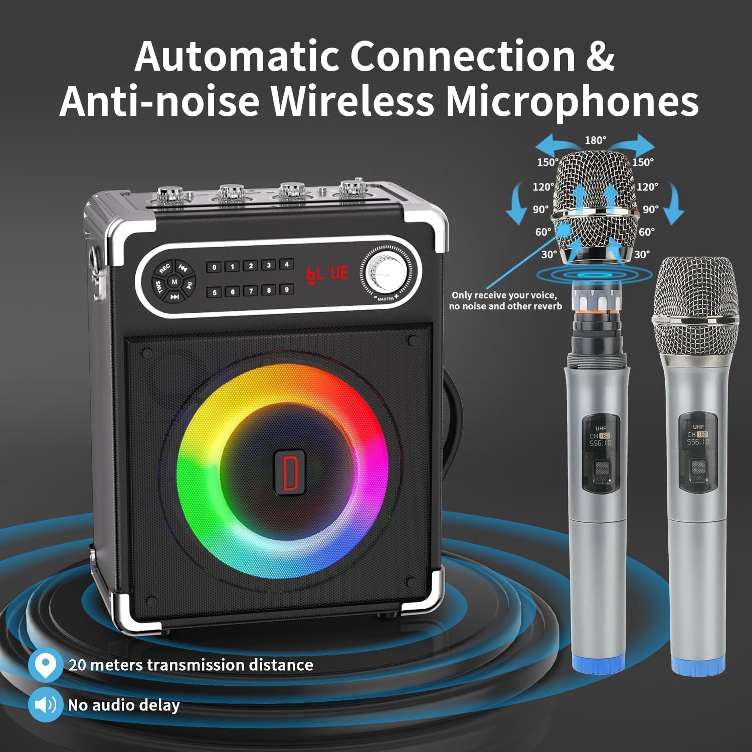 Karaoke-Maschine mit 2 kabellosen Mikrofonen, tragbarer Bluetooth 5.3-Lautsprecher mit LED-Leuchten, Bass-/Höheneinstellung, PA-System mit Fernbedienung, unterstützt FM/AUX/USB/TF für Partys