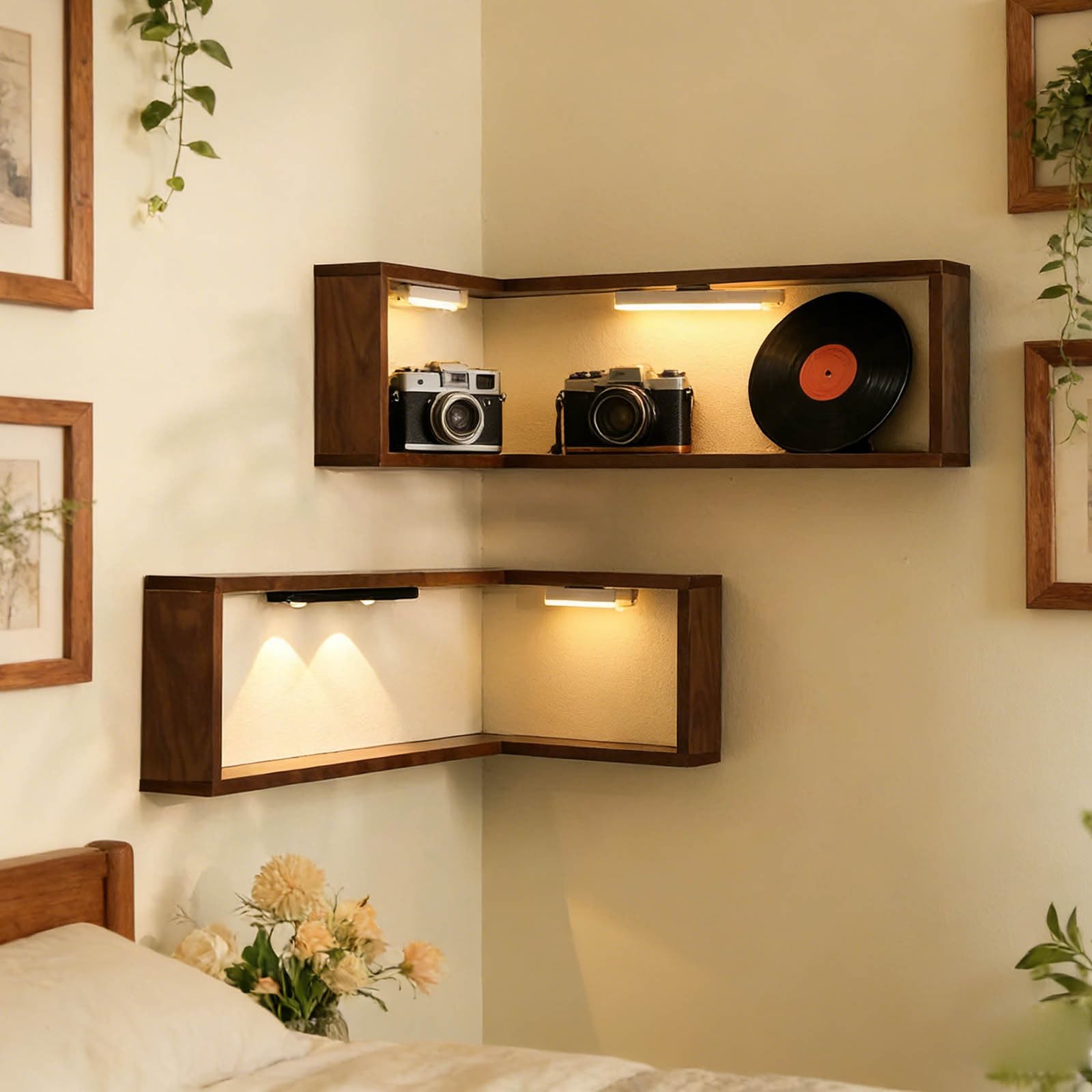 Étagères d'angle intelligentes qui illuminent votre espace - Étagères de rangement flottantes - Étagère d'angle murale en bois - Gain de place - Kaki x 2