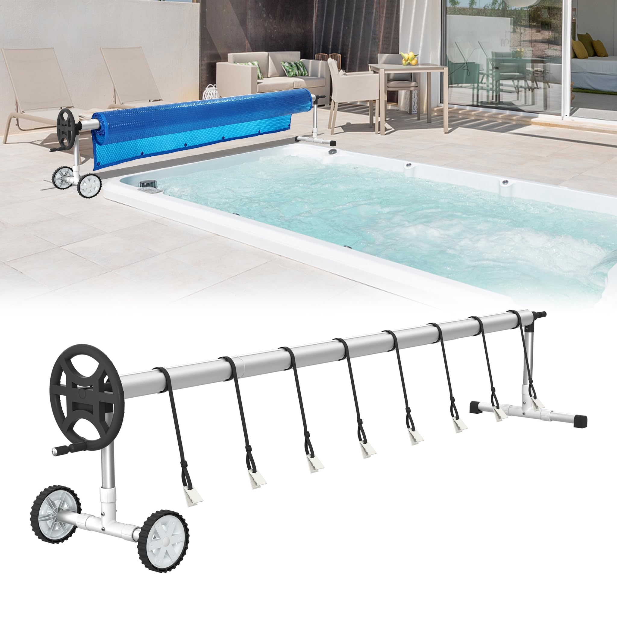 Enrouleur de piscine en aluminium réglable 3 à 5,7 m, système d'enroulement mobile avec bandes de fixation et roues, pour bâche solaire, film de piscine et bâches de piscine