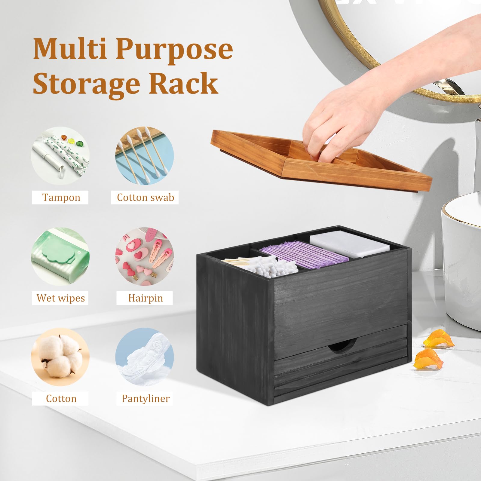 3Cartment Tampon Sto Box Nizer in legno per prodotti per l'igiene con Ders e coperchio 25 × 15 × 18 cm Divisore regolabile ideale per ragazze e donne