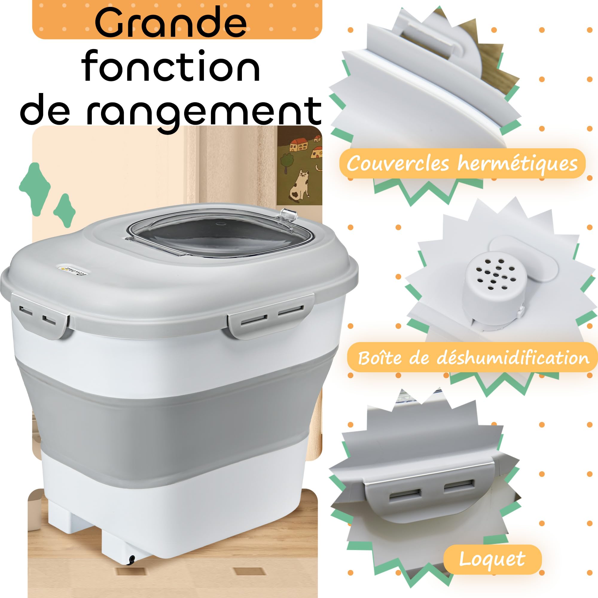PawHut Conteneur à croquettes pour chien pliable 25L rangement hermétique pour nourriture avec couvercles hermétiques, roulettes, tasse, bol et cuillère, pour animaux de compagnie, gris