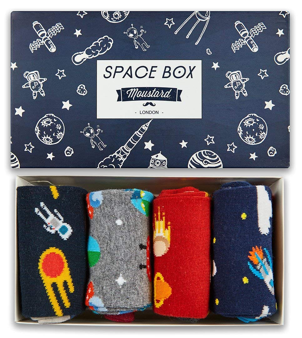 Moustard(4 Pack) Fun Space Socks for Men and Women Pack - Crazy Funky Novelty Galactic Universe Crew Socks Box - Premium Cotton