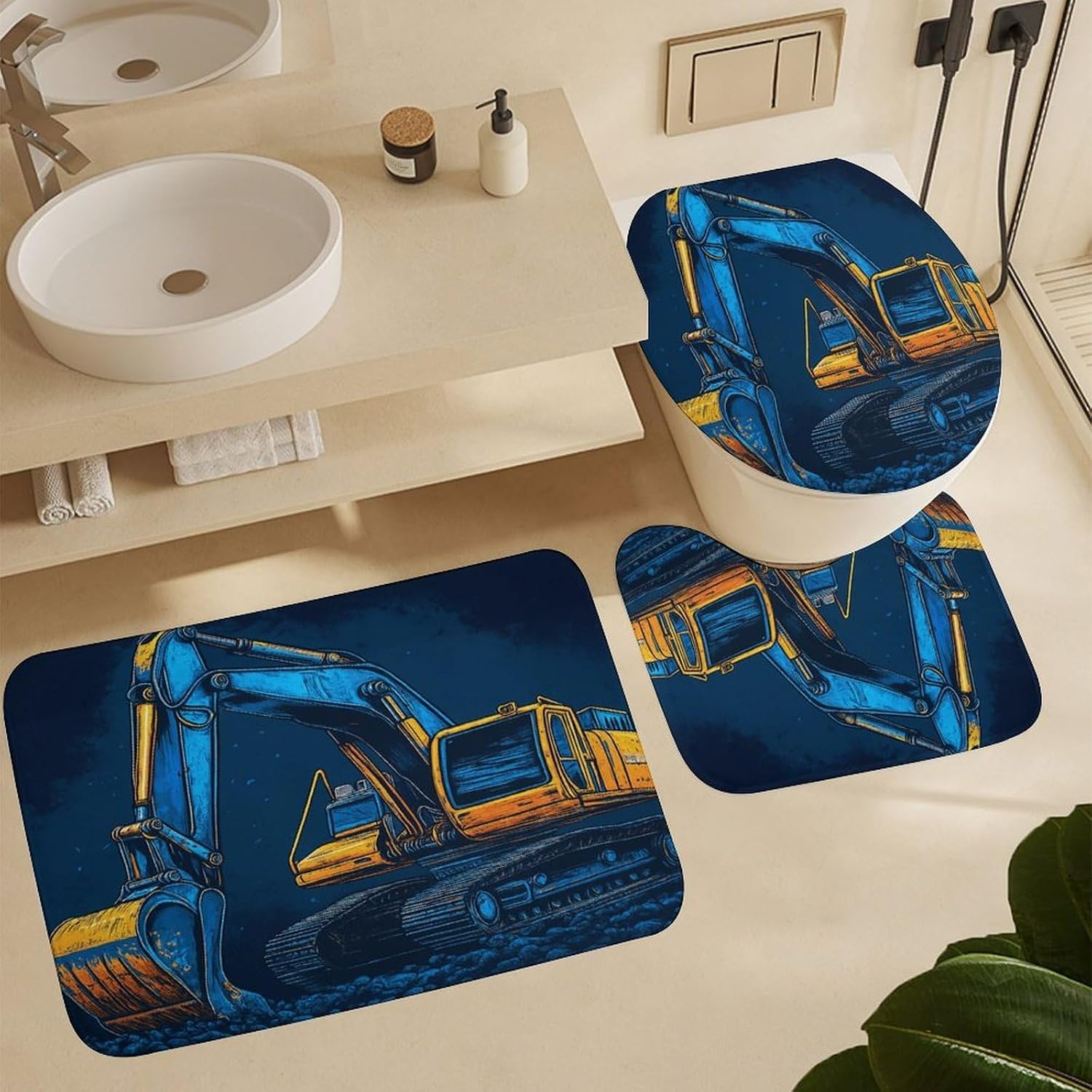 Blue Excavator Night Shower Curtains Set Bathroom Sets with Rugs (Bath Mat,U Shape and Toilet Lid Cover Mat)