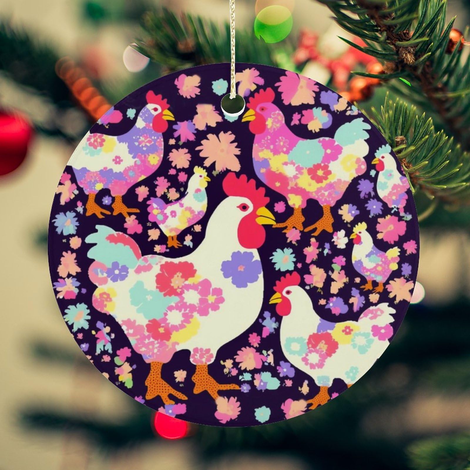 Flower Heart Chicken Christmas Ornament for Christmas Tree Ceramic Round Ornament Winter Holiday Keepsake Gift 2.7" Christmas Tree Hanging Decorations Circle Ceramic Pendant Xmas Gift