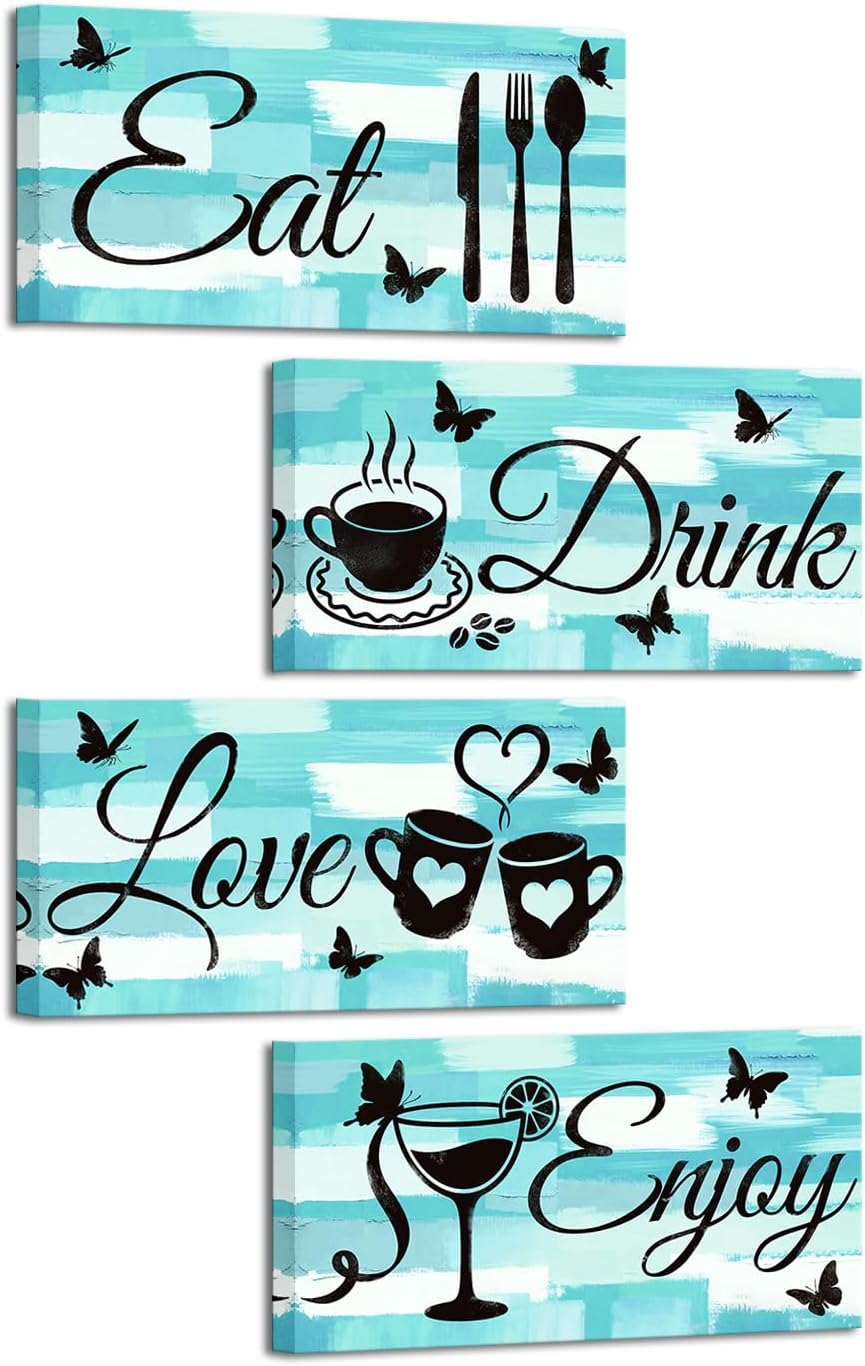 FuShvre Teal Kitchen Wall Art Eat Drink Love Enjoy Wall Decor Turquoise and Black Pictures Canvas Prints Dining Room Decor with Butterfly Design 8x16 inches each Framed (Teal)