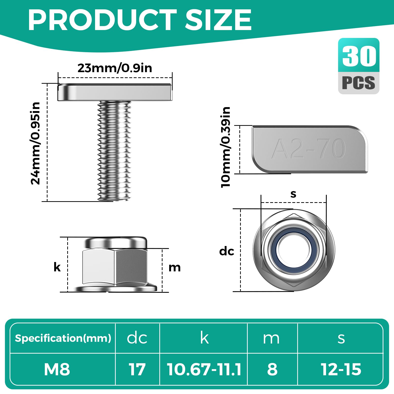 BREANIFULL Pack of 30 T Screws with Locking Tooth Nuts T Hammer Head Screws with Flange Nut M8 x 20 mm Hammer Head Screws Greenhouse Screws for PV Solar Mounting Rails Photovoltaic - Image 2