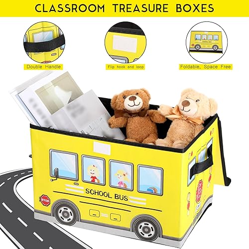 Miniatura 3 de Sweetude Caja del tesoro de autobús escolar de 2 piezas para el aula, caja de almacenamiento plegable con tapa, organizador de tesoros para niños,