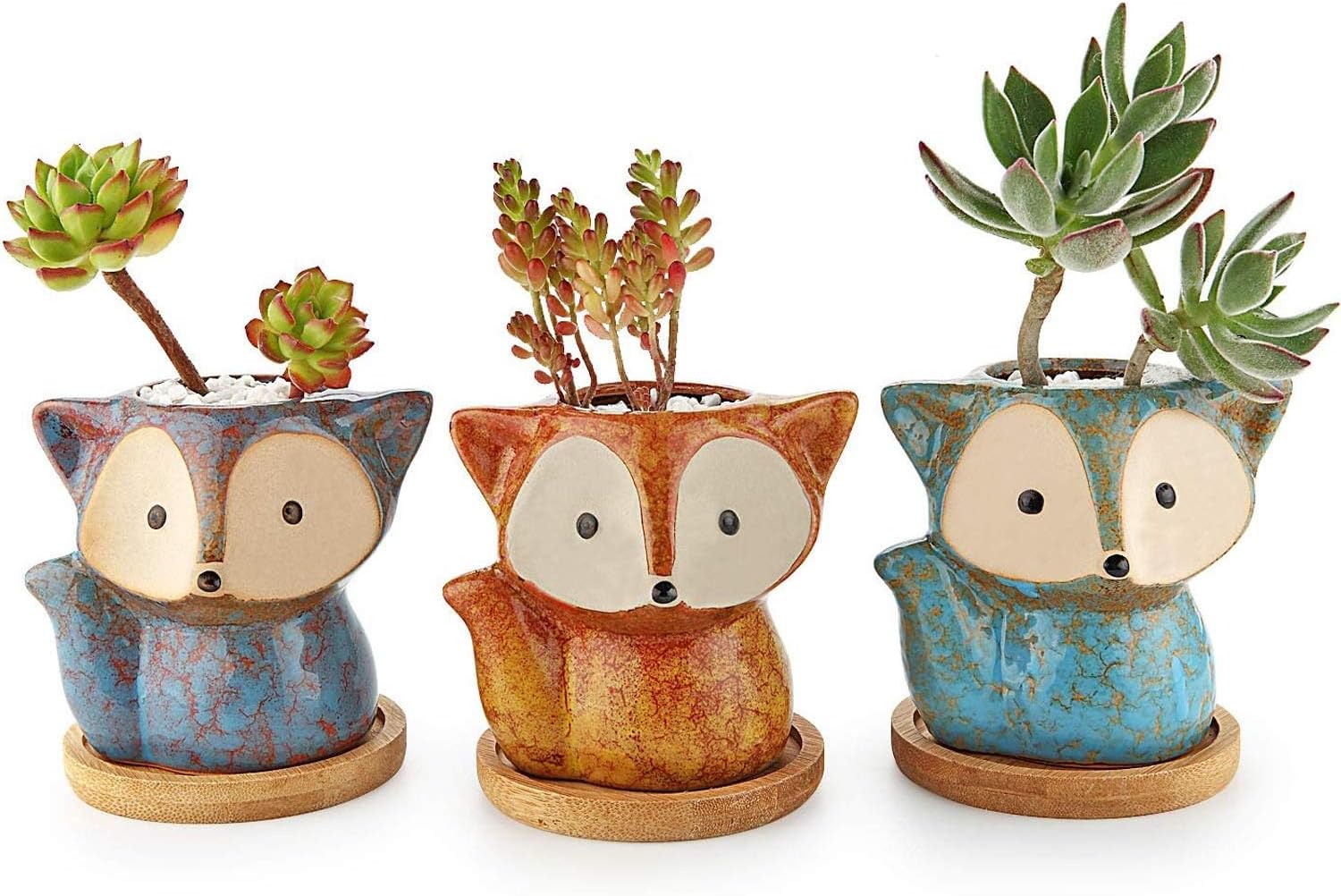 T4U Ceramic Succulent Planter Pot, Fox Shaped Cute Cactus Plant Pot with Bamboo Tray for Home Office Desk Decoration Birthday Wedding with Transmutation Glaze, Set of 3 (Full Set)