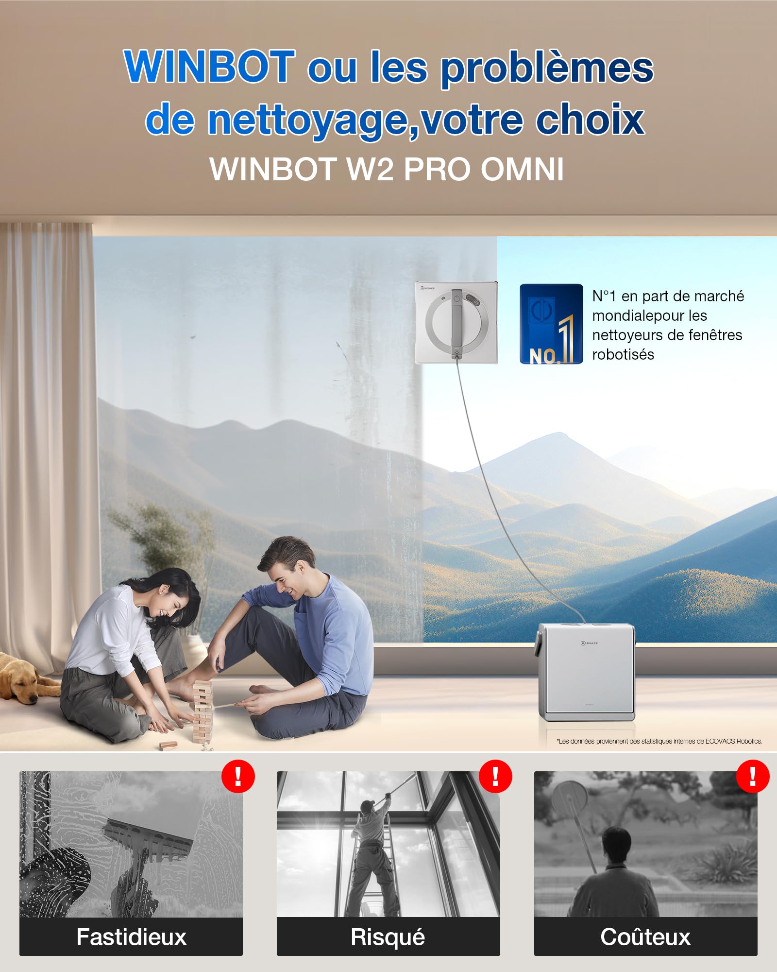 ECOVACS ECOVACS WINBOT W2 Pro Omni Robot Nettoyeur de vitres avec Station Multifonction, se Recharge Pendant Le Fonctionnement, buse à Triple Embout, système de Protection à 12 Niveaux in use