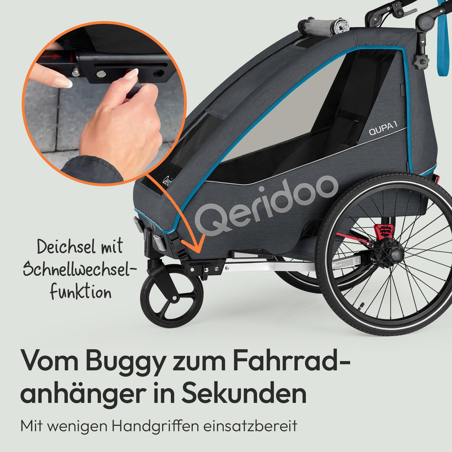 Qeridoo QUPA 1 Fahrradanhänger 1 Kind mit Blattfederung & Handparkbremse Jogger Kinderwagen