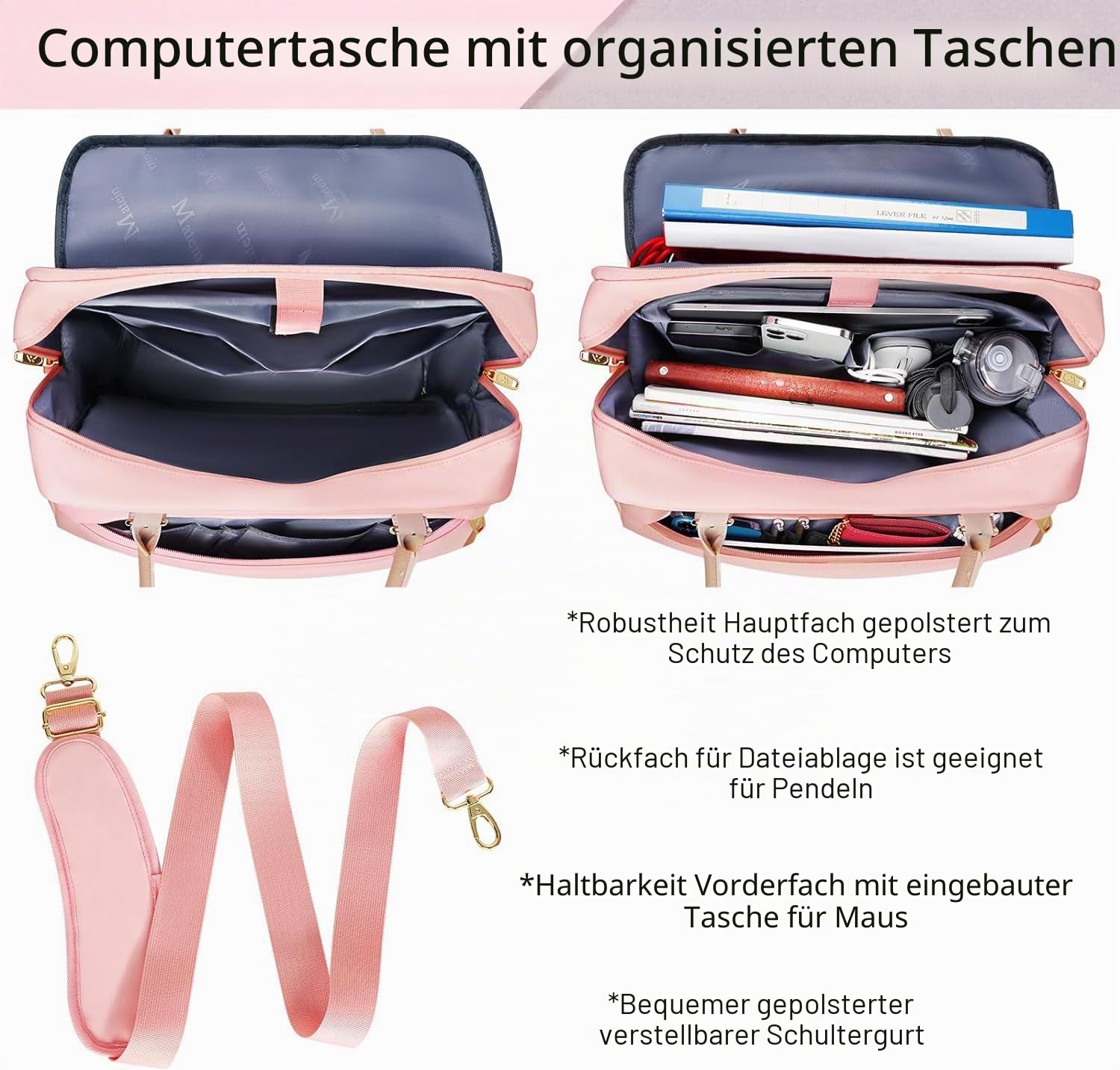 MATEIN Handtasche Damen Groß, Laptoptasche 17,3 Zoll Arbeitstasche mit Vielen Fächern Messenger Bag Businesstasche Frau Aktentasche Bürotasche Pink Laptop Bag Umhängetasche für Schule, Reisen, Rosa