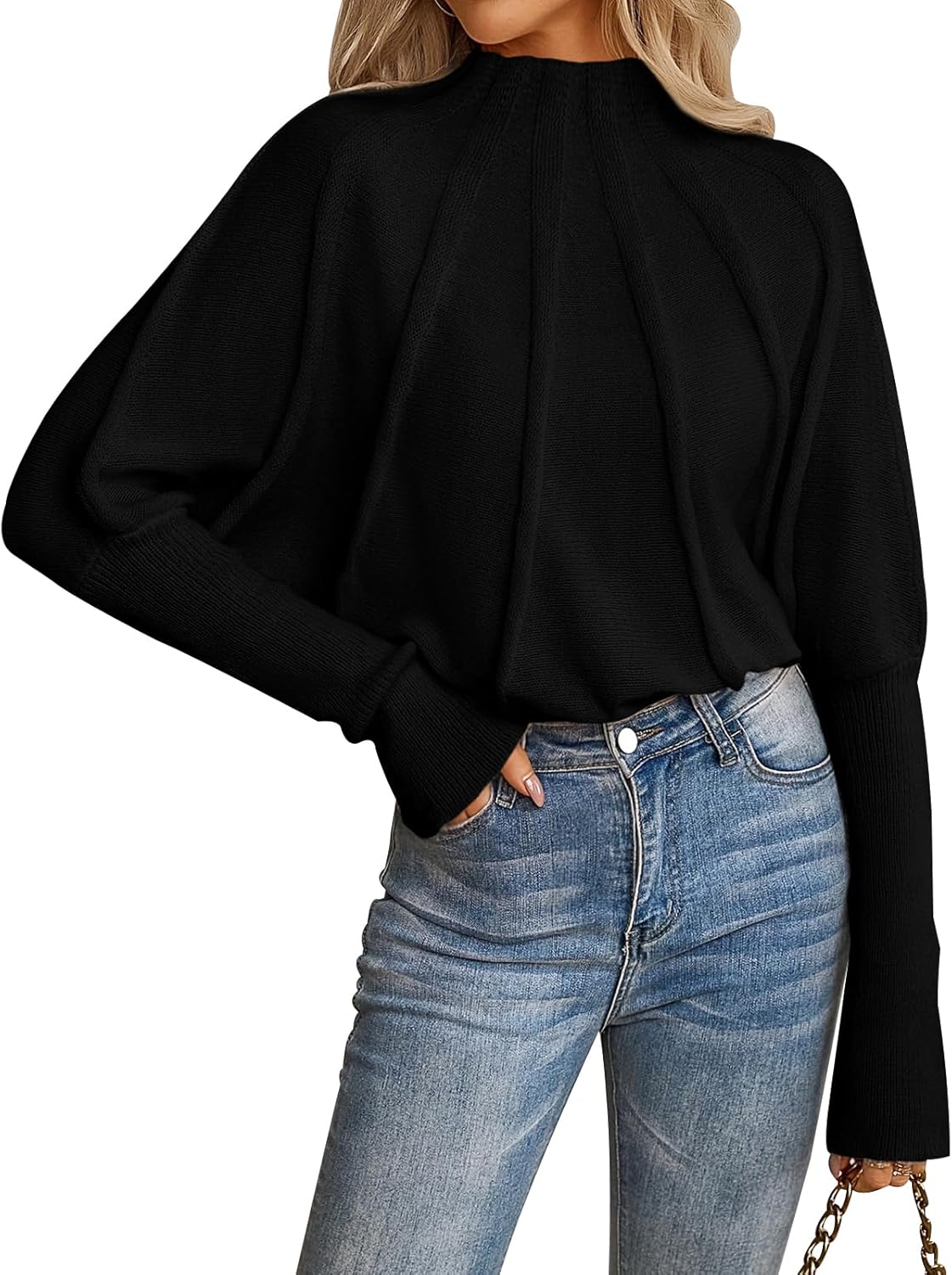 nalanisa women's mock neck batwing sleeve sweaters 2025 fall winter oversized knit cute pullover sweater dolman tops trendy black small